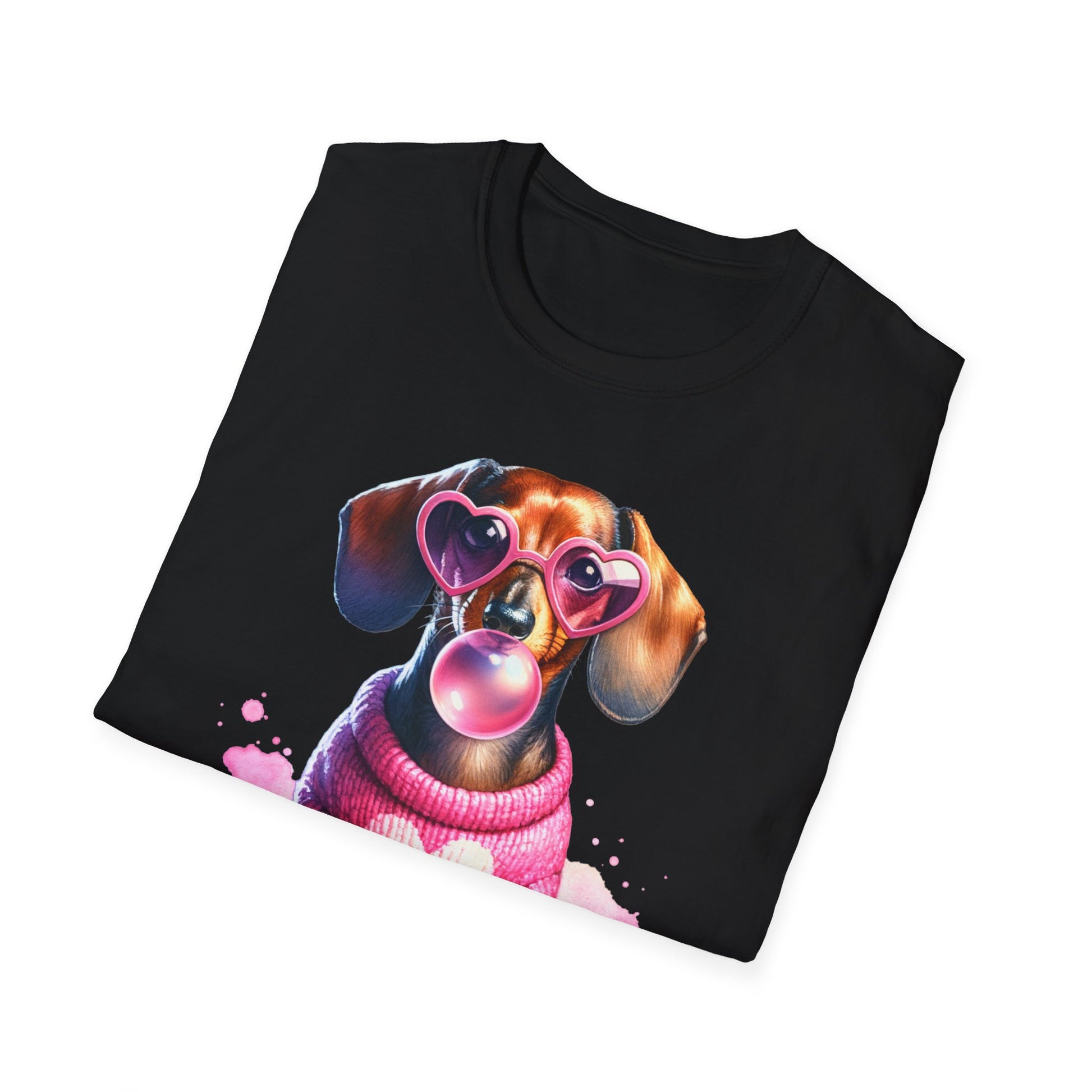 gefaltenes Dackel T-Shirt mit rosa Herz-Pullover, Herzbrille und Bubblegum-Motiv – süßes Geschenk für Hundeliebhaber