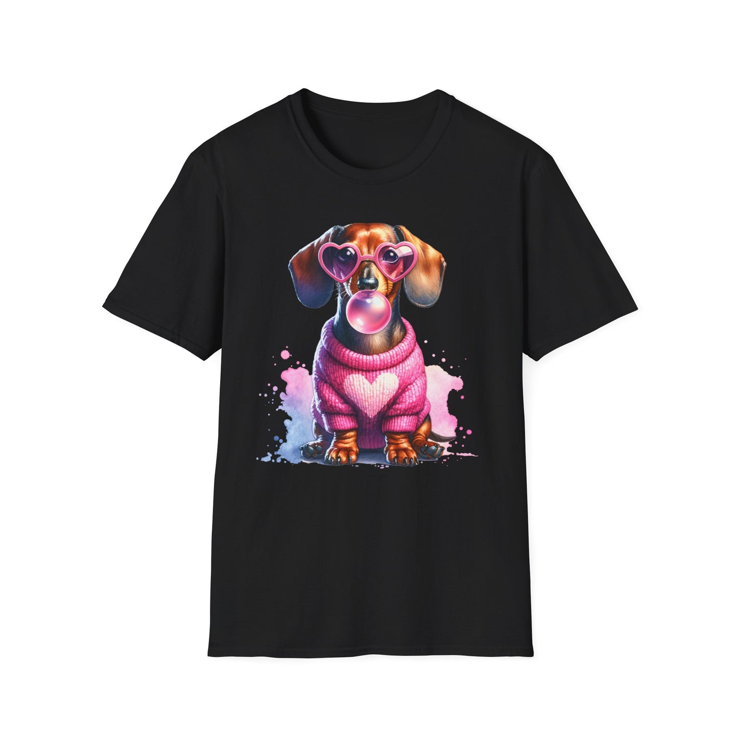 schwarzes Dackel T-Shirt mit rosa Herz-Pullover, Herzbrille und Bubblegum-Motiv – süßes Geschenk für Hundeliebhaber