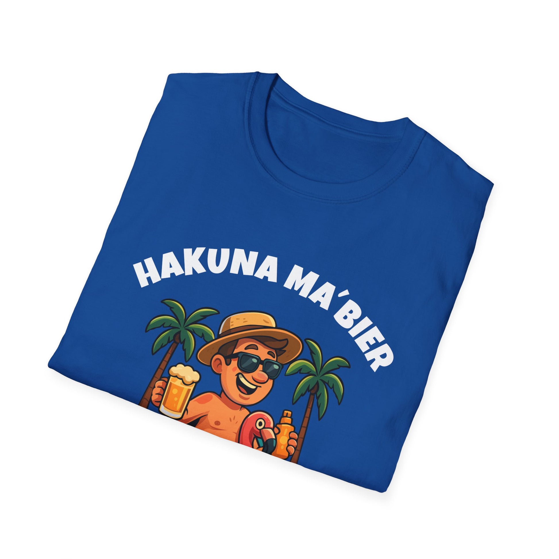 blaues T-Shirt mit bunter Illustration: Mann mit Flamingo-Schwimmring, Bier in der Hand, Text: „Hakuna Ma’Bier – It Means No Memories“
