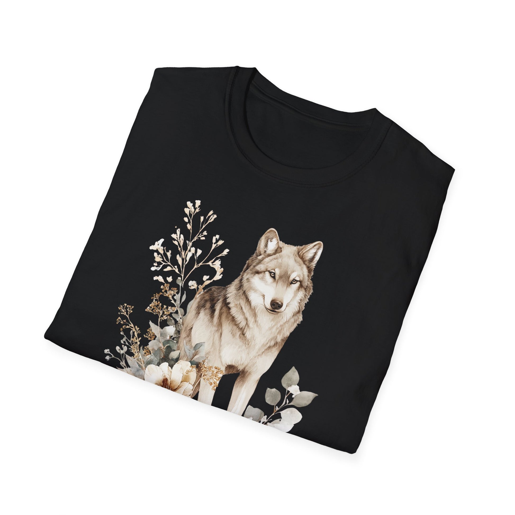 schwarzes T-Shirt mit realistischem Wolf-Motiv und floraler Illustration – Wildlife & Natur Design gefaltene Version