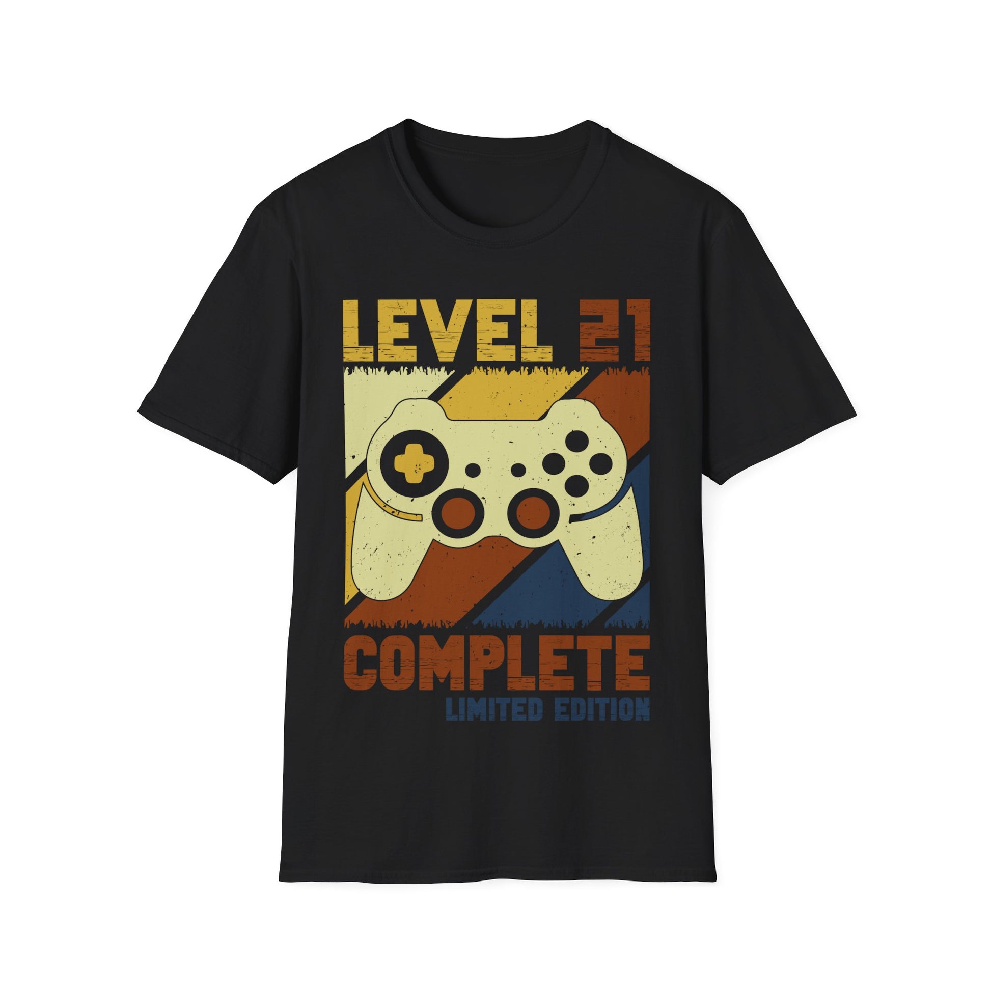 Schwarzes T-Shirt mit Retro-Gaming-Design und Schriftzug „Level 21 Complete – Limited Edition“ mit Gamecontroller