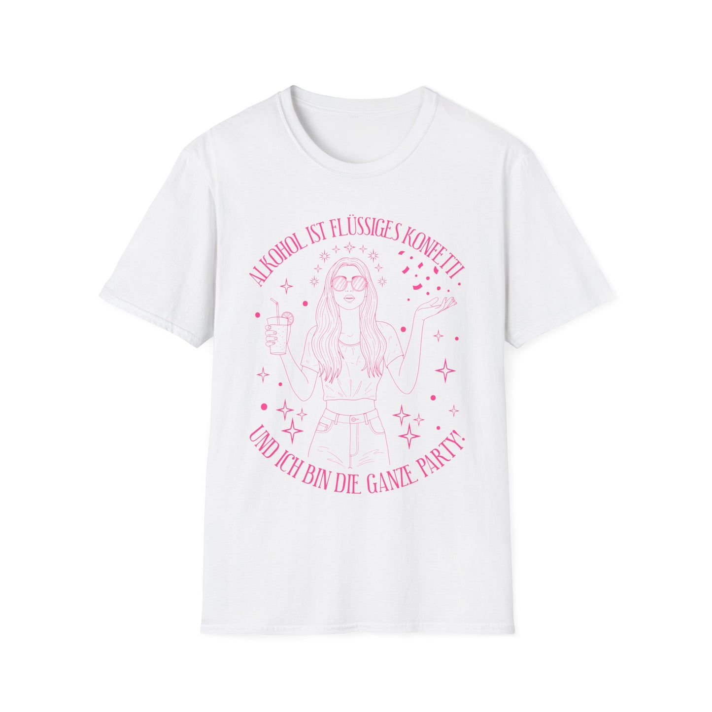 T-Shirt in weiß mit pinkem Print: Frau mit Cocktail und Konfetti, Spruch „Alkohol ist flüssiges Konfetti – und ich bin die ganze Party“