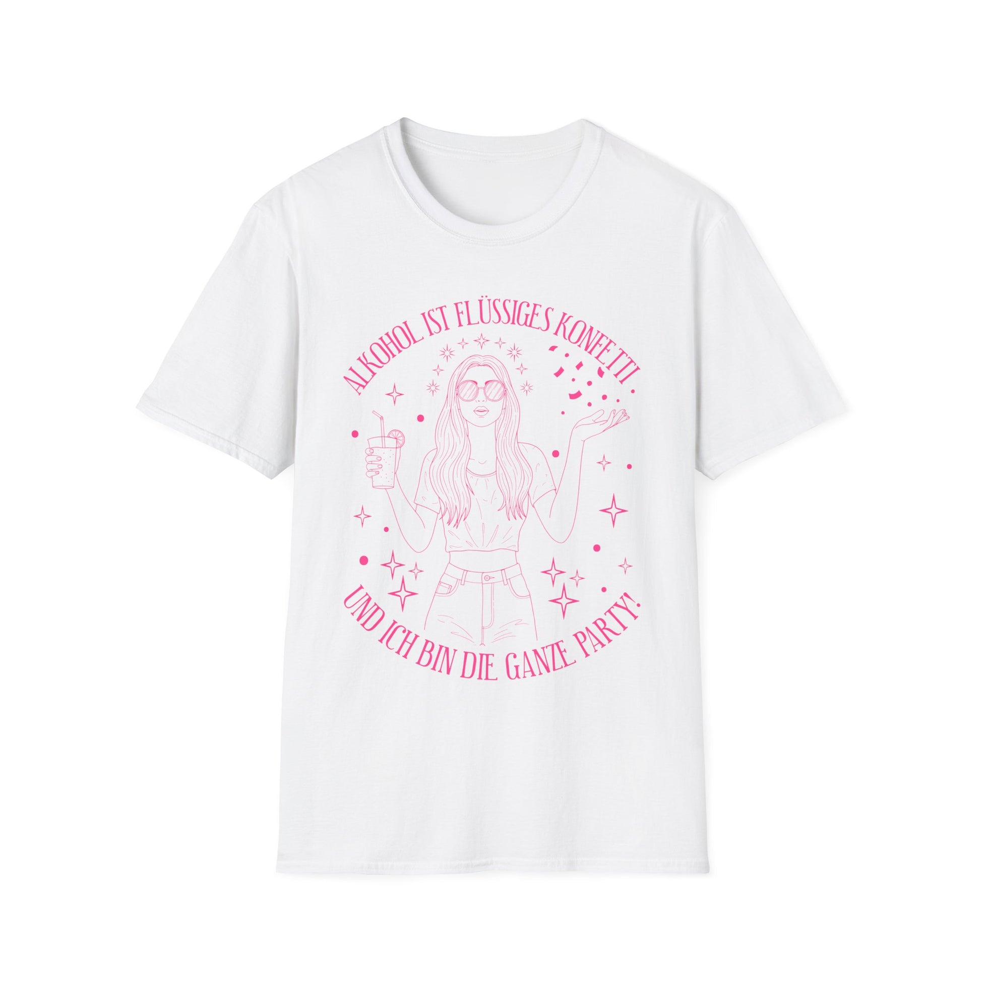 T-Shirt in weiß mit pinkem Print: Frau mit Cocktail und Konfetti, Spruch „Alkohol ist flüssiges Konfetti – und ich bin die ganze Party“