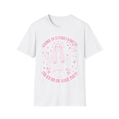 T-Shirt in weiß mit pinkem Print: Frau mit Cocktail und Konfetti, Spruch „Alkohol ist flüssiges Konfetti – und ich bin die ganze Party“