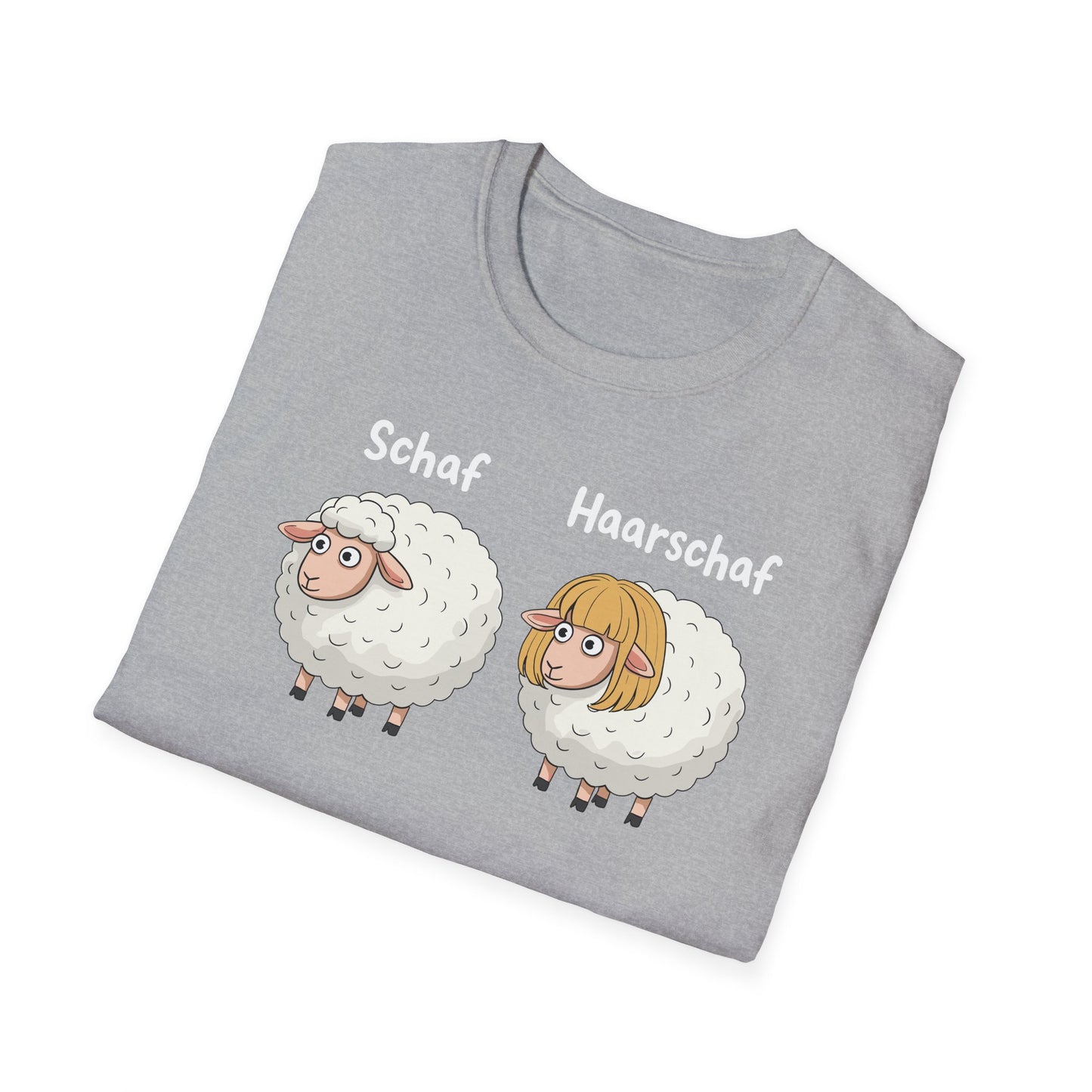 Schwarzes T-Shirt mit Comic-Motiv „Schaf“ und „Haarschaf“ – lustiges Wortspiel für Humor- und Tierliebhaber, Unisex

 gefalten - comic design perfekt zu erkennen