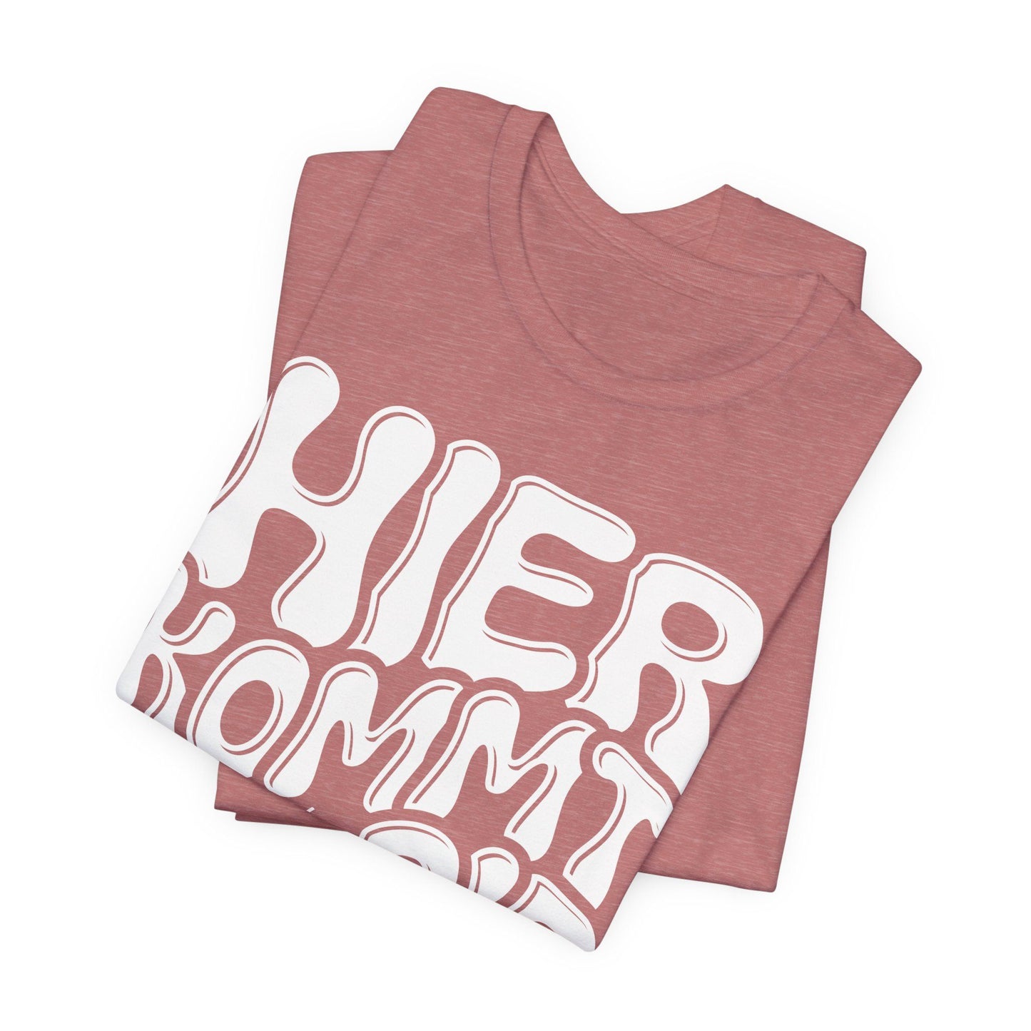 gefaltenes Heather Mauve Farbe - Weißesr Aufdruck "Hier kommt die Party" - Rundhalsausschnitt