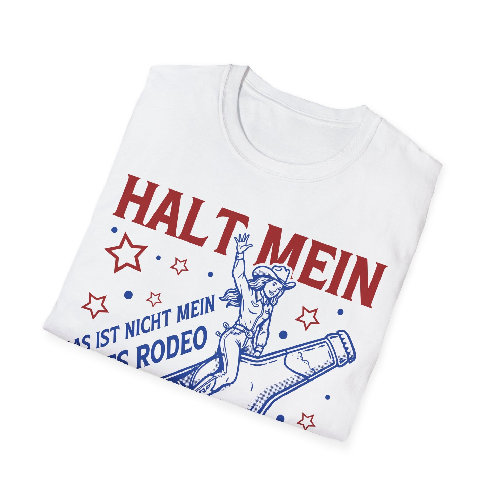 gefaltenes Shirt - Druck gut sichtbar - Weißes Damen T-Shirt im Unisex-Schnitt mit Aufdruck „Halt mein Bier – Das ist nicht mein erstes Rodeo“ und Illustration einer Rodeo-Reiterin auf einer Bierflasche – lustiges Partyshirt für Bierliebhaber