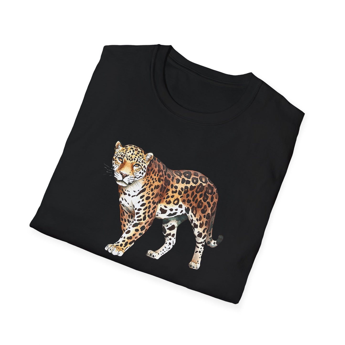 Schwarzes T-Shirt mit realistischem Leoparden-Motiv – Tiermotiv & Wildlife Design gefaltene Version