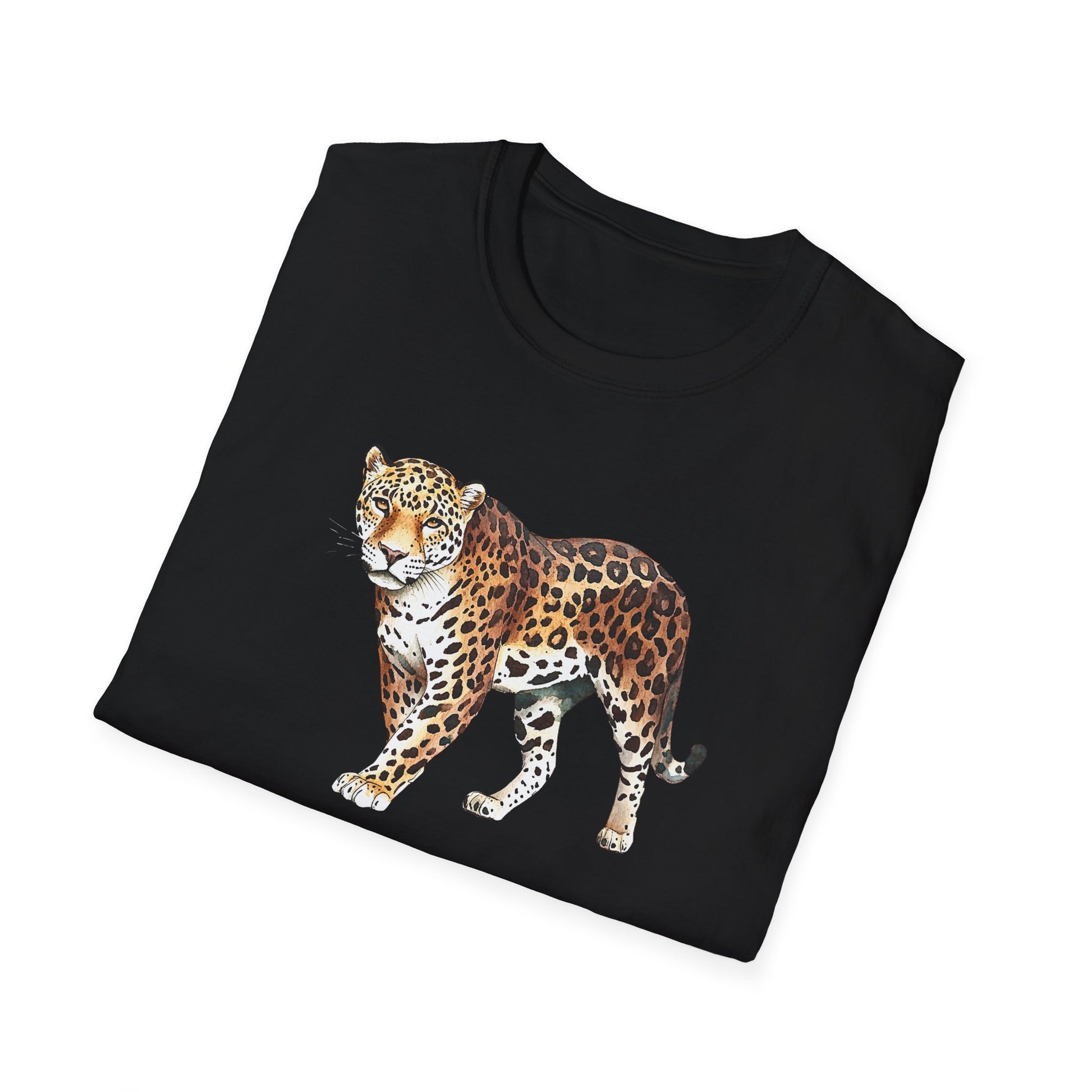 Schwarzes T-Shirt mit realistischem Leoparden-Motiv – Tiermotiv & Wildlife Design gefaltene Version