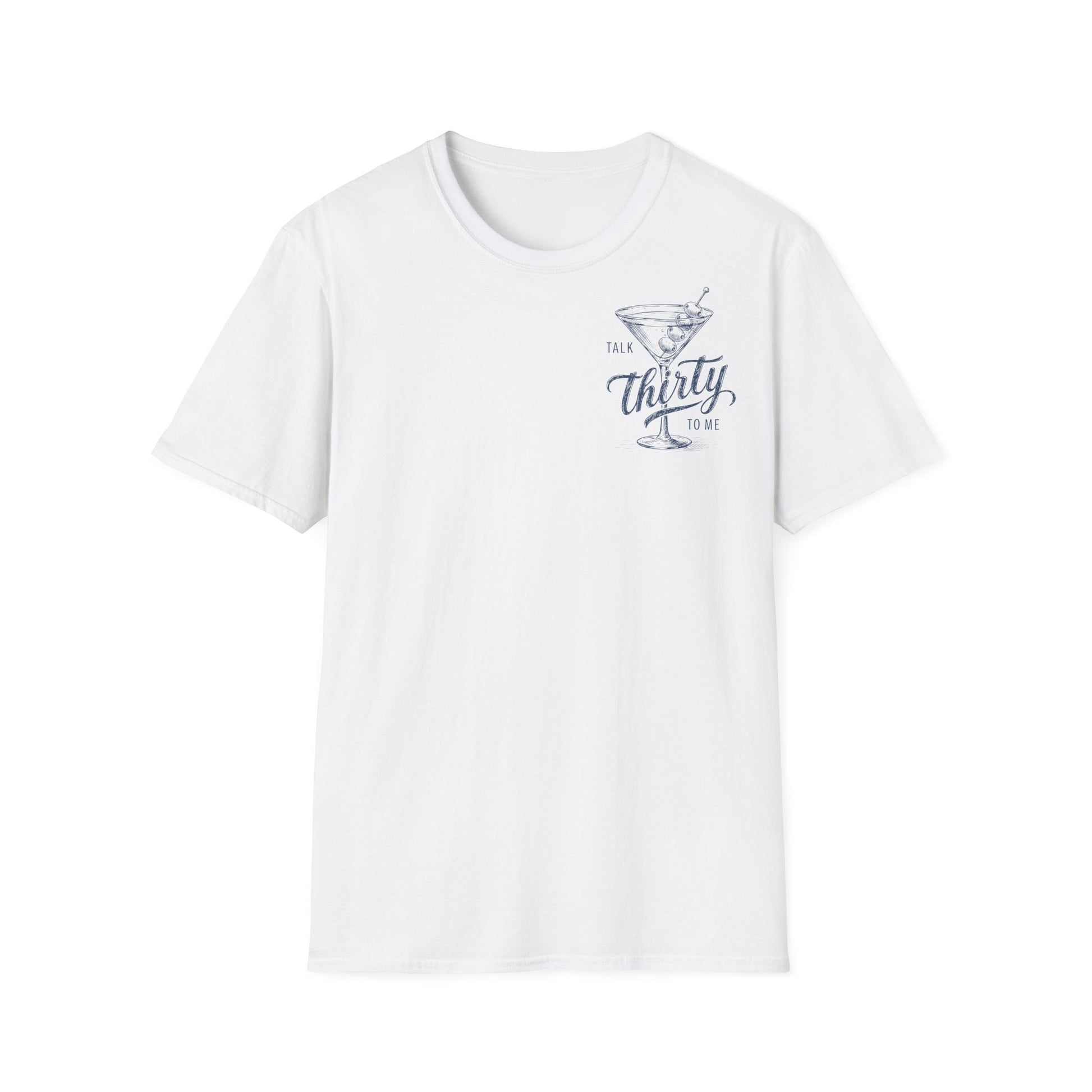 Druck auf der Brust Weißes „Talk Thirty to Me“ T-Shirt mit Cocktailglas-Print, witziges Geburtstagsshirt zum 30. Geburtstag für Damen & Unisex – Party Outfit mit Wortwitz