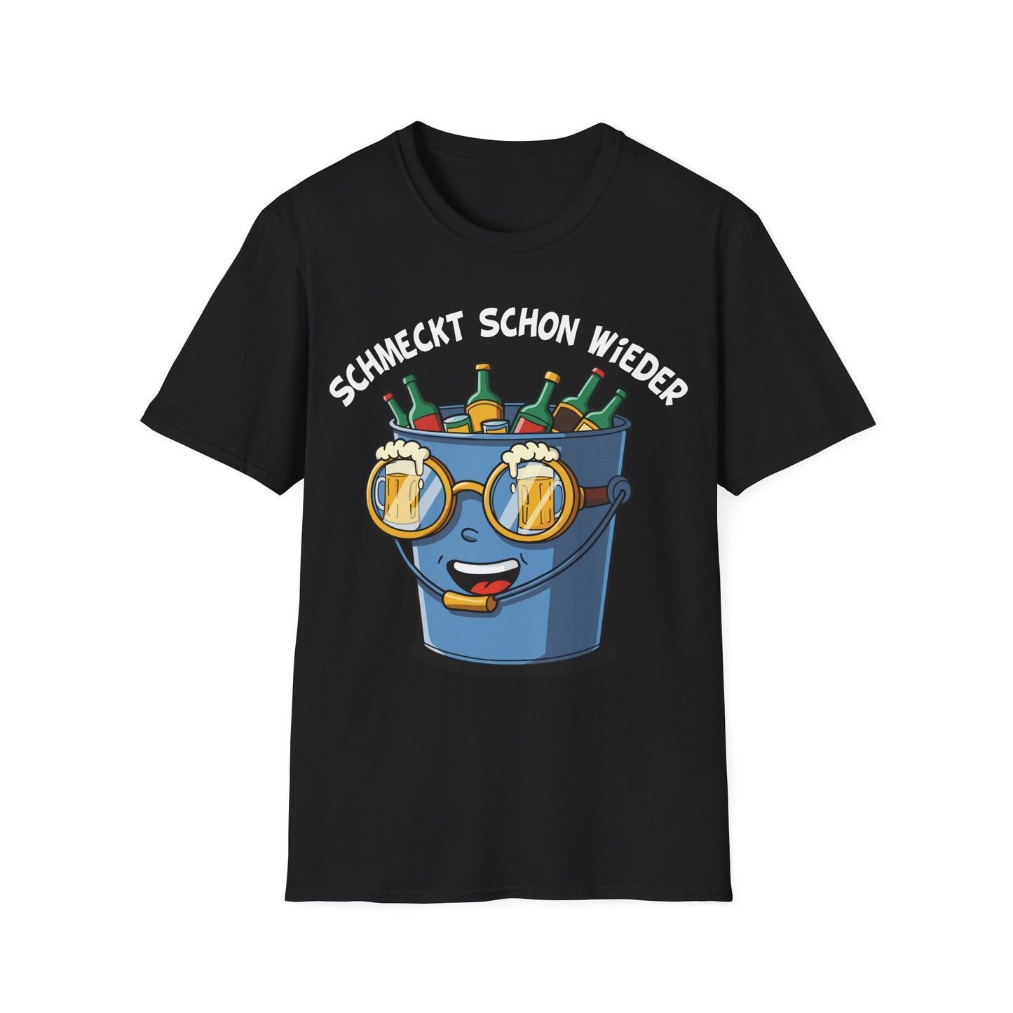 Schwarzes T-Shirt mit Saufeimer-Comic und Spruch „Schmeckt schon wieder“ – lustiges Unisex Partyshirt für Ballermann & Festival