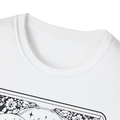 The Lovers Tarot T-Shirt – Weißes Unisex Shirt mit verliebten Skeletten