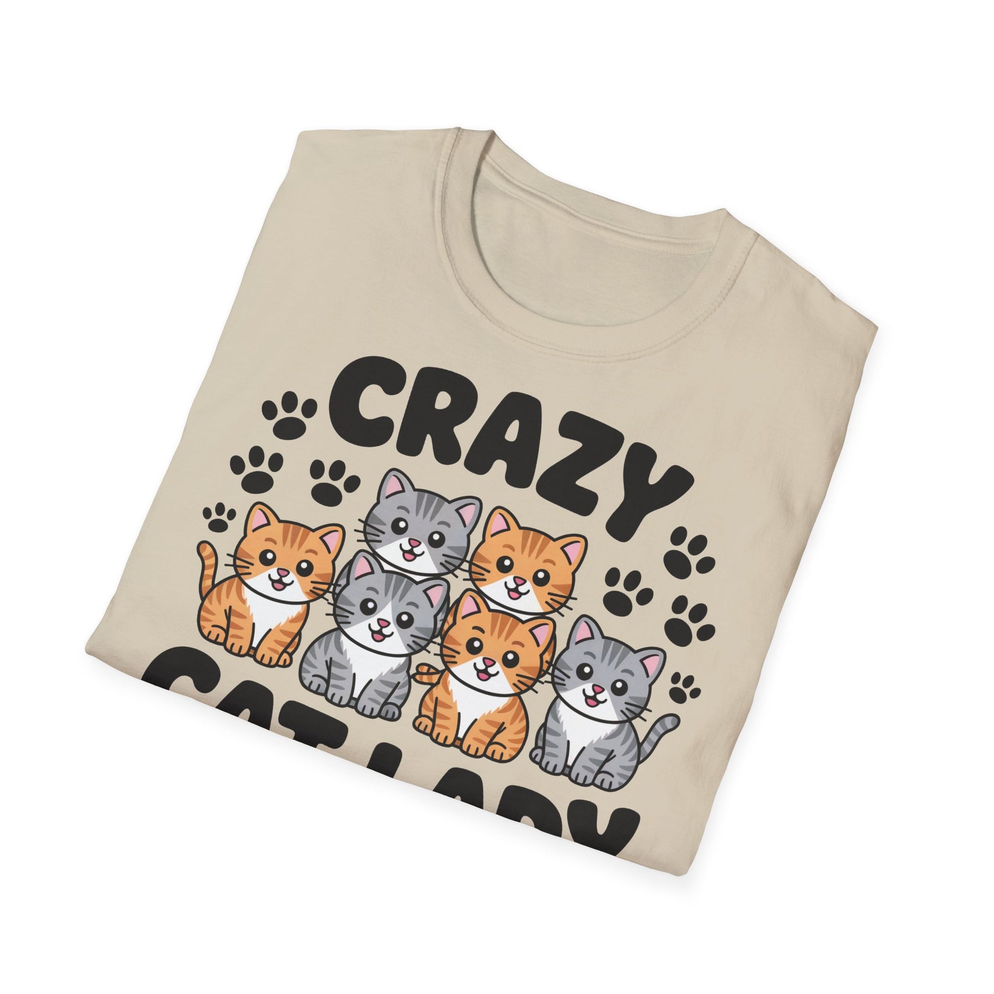 Beiges Crazy Cat Lady T-Shirt mit süßem Cartoon-Katzenmotiv für Damen und Unisex