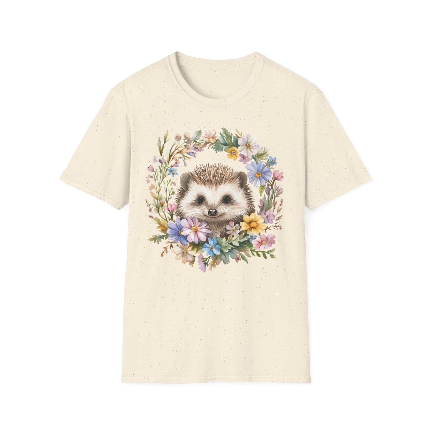 Beiges T-Shirt mit süßem Igel-Motiv im bunten Blumenkranz – Unisex Tiermotiv Shirt