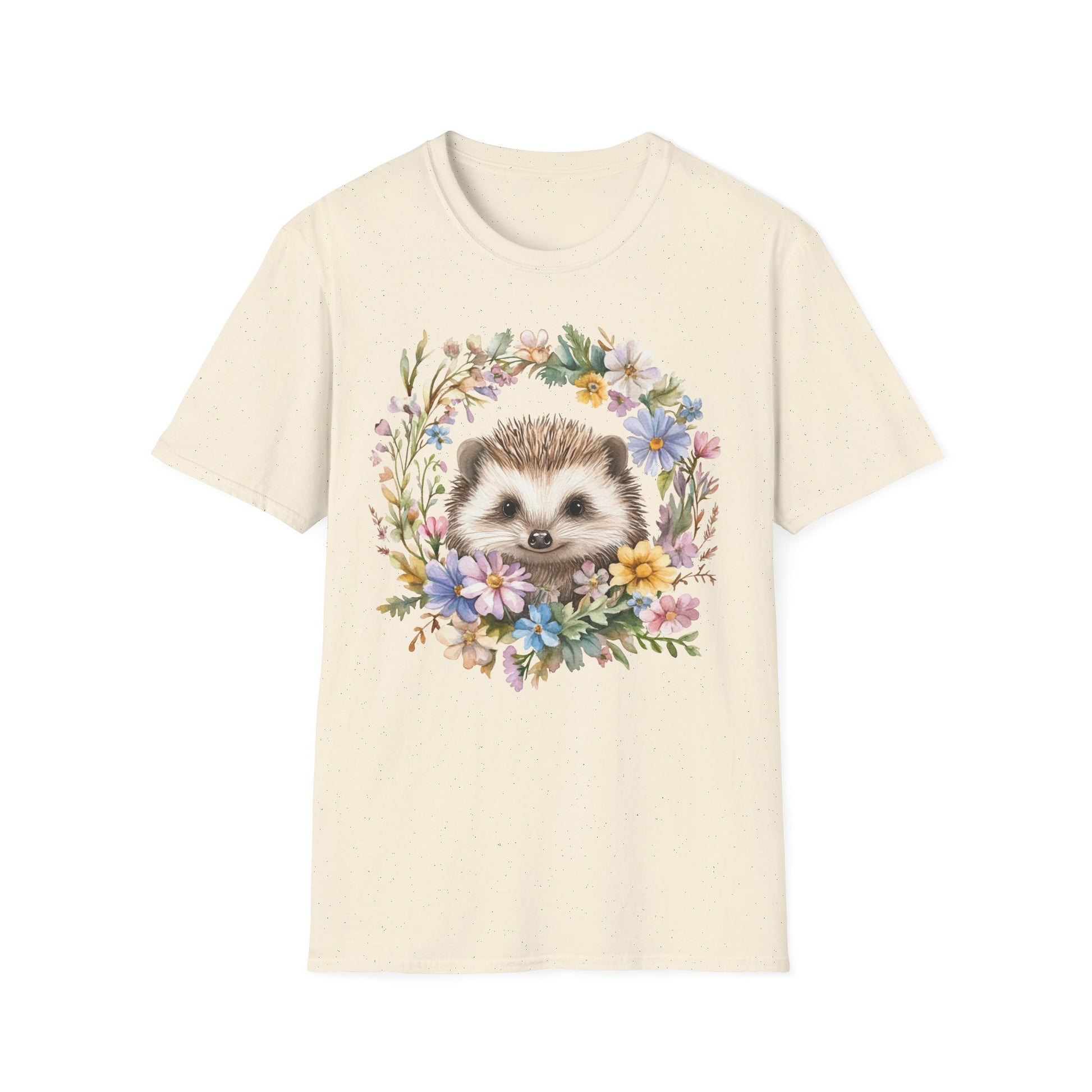 Beiges T-Shirt mit süßem Igel-Motiv im bunten Blumenkranz – Unisex Tiermotiv Shirt