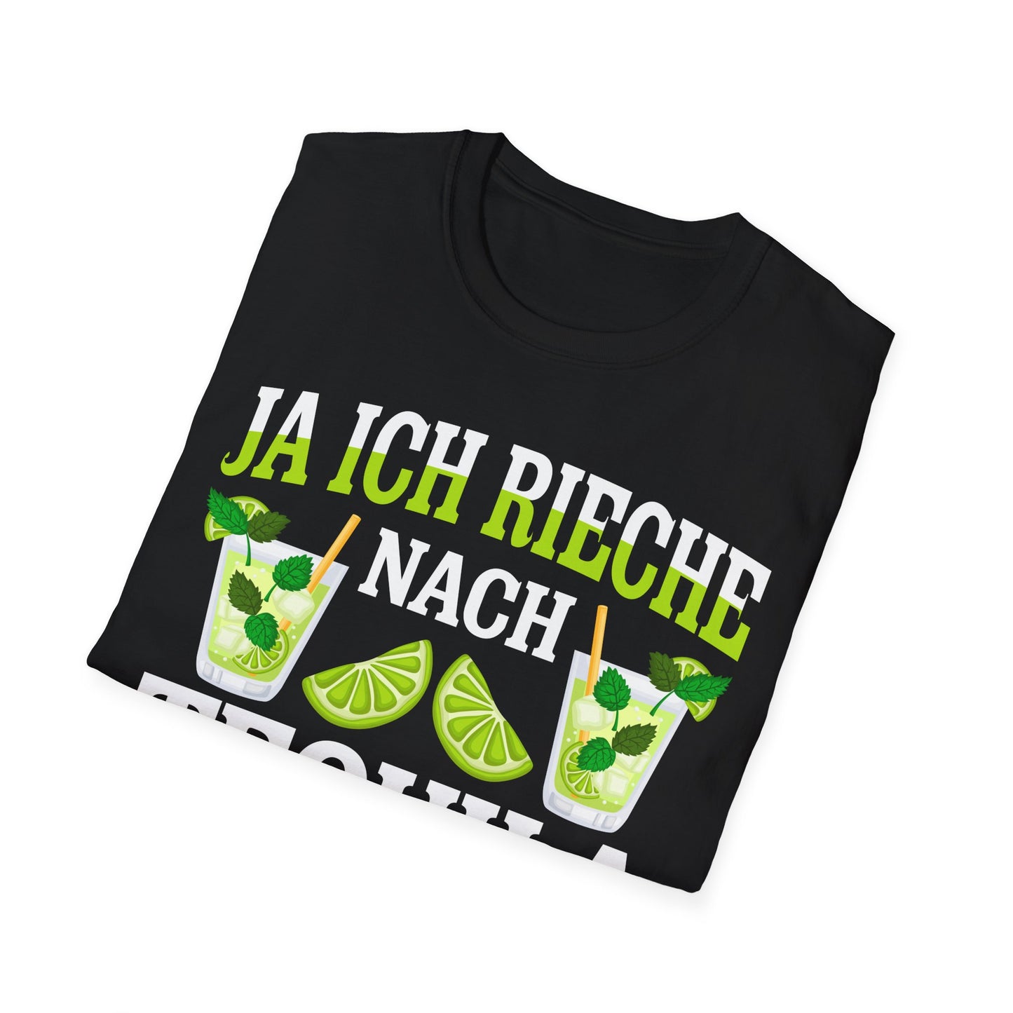 Schwarzes T-Shirt mit grün-weißem Aufdruck „Ja ich rieche nach Tequila – Nein, ich finde das ist kein Problem“ mit Cocktail- und Limetten-Motiv