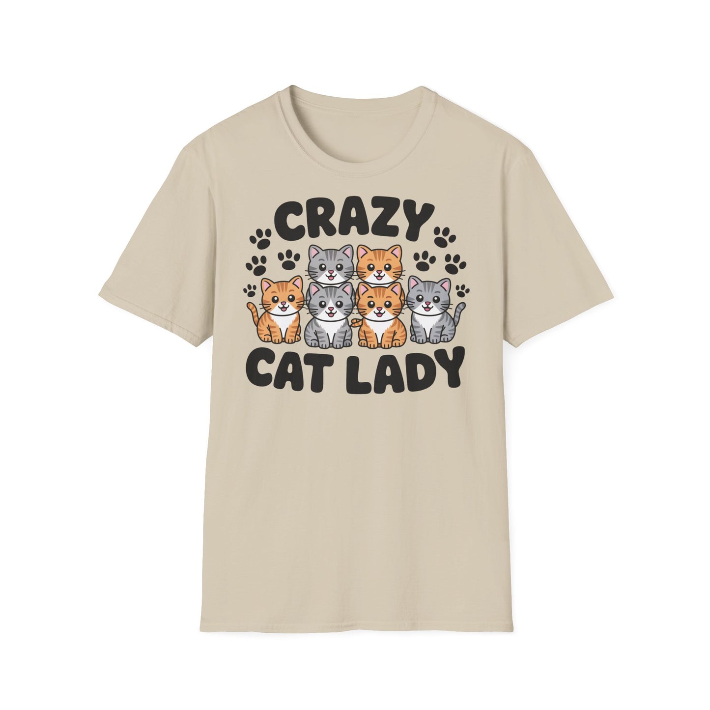 Beiges Crazy Cat Lady T-Shirt mit süßem Cartoon-Katzenmotiv für Damen und Unisex