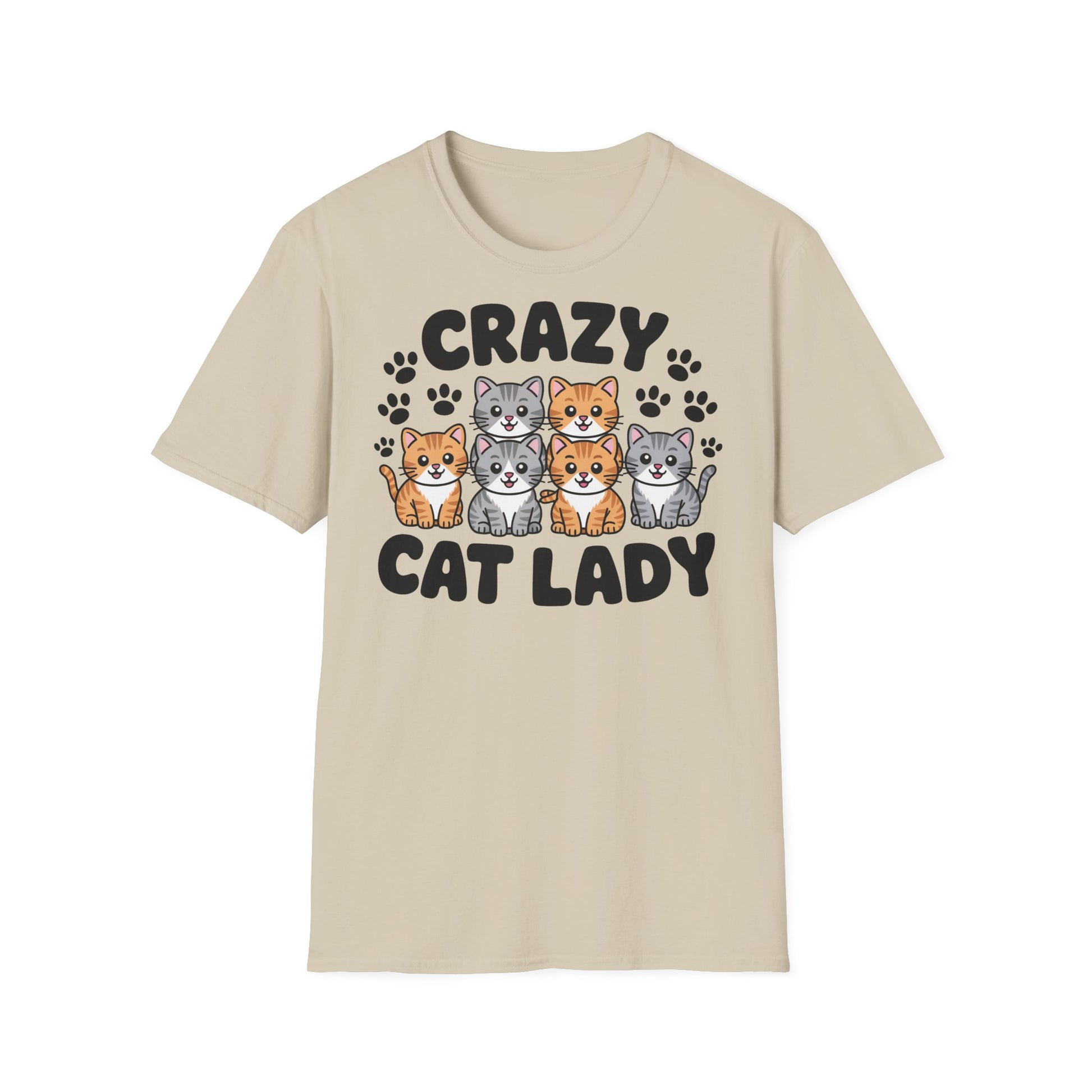 Beiges Crazy Cat Lady T-Shirt mit süßem Cartoon-Katzenmotiv für Damen und Unisex
