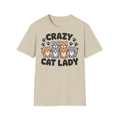 Beiges Crazy Cat Lady T-Shirt mit süßem Cartoon-Katzenmotiv für Damen und Unisex