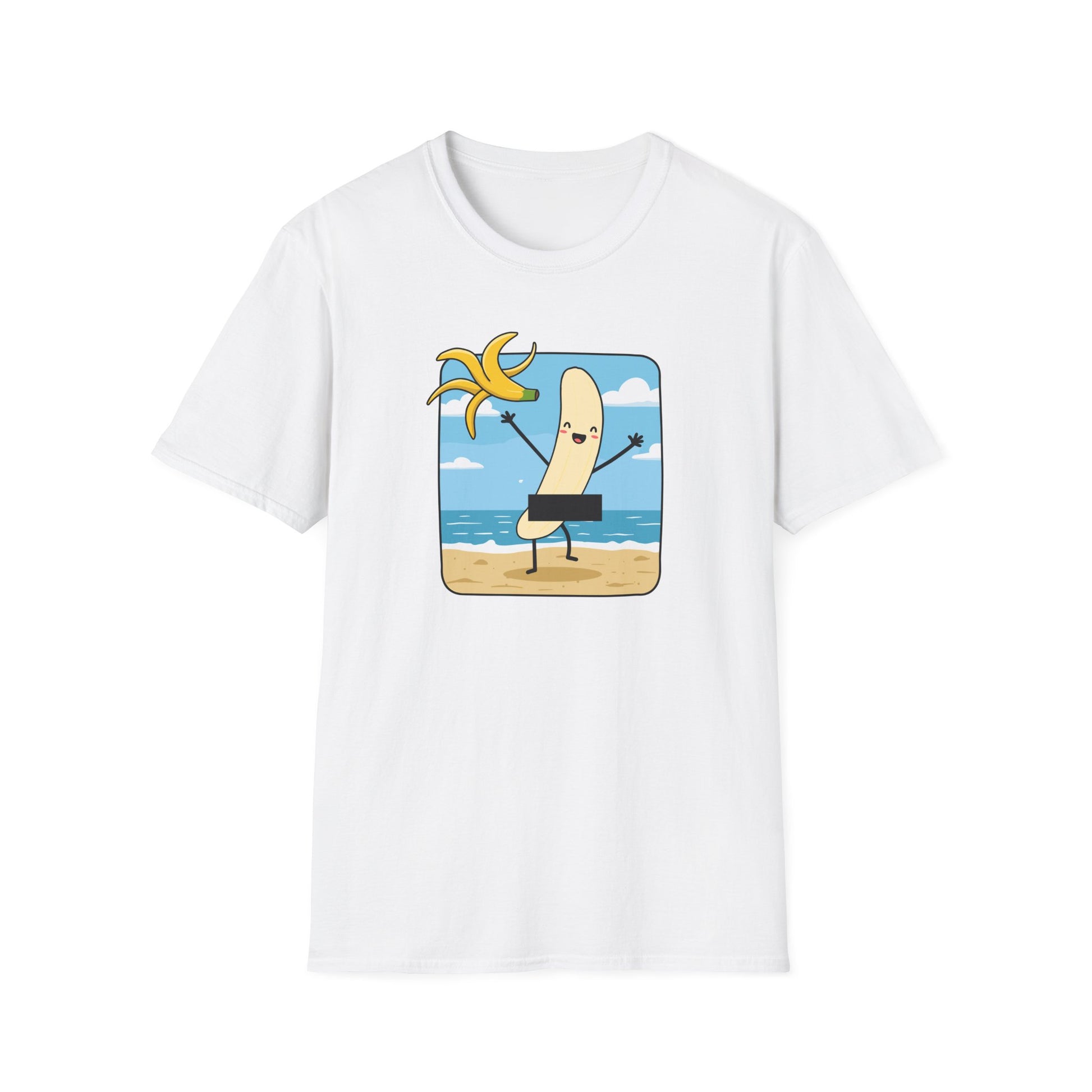 Lustiges weißes T-Shirt mit Cartoon-Banane am Strand, die eine Bananenschale hochhält – Sommer Funshirt Unisex