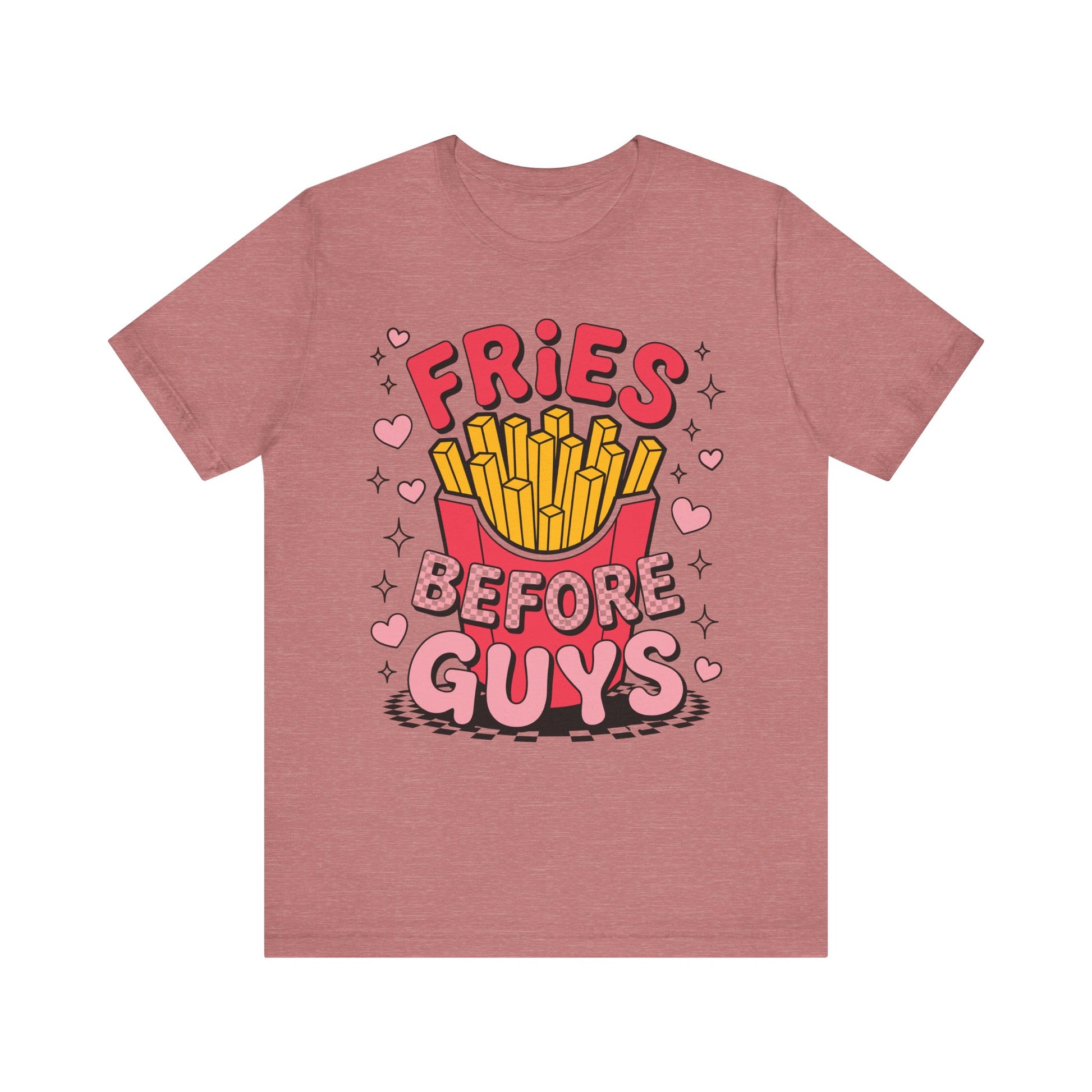 Fries Before Guys T-Shirt in Heather Mauve – Lustiges Statement Shirt mit Pommes-Grafik und pinker Schrift für Damen & Herren

