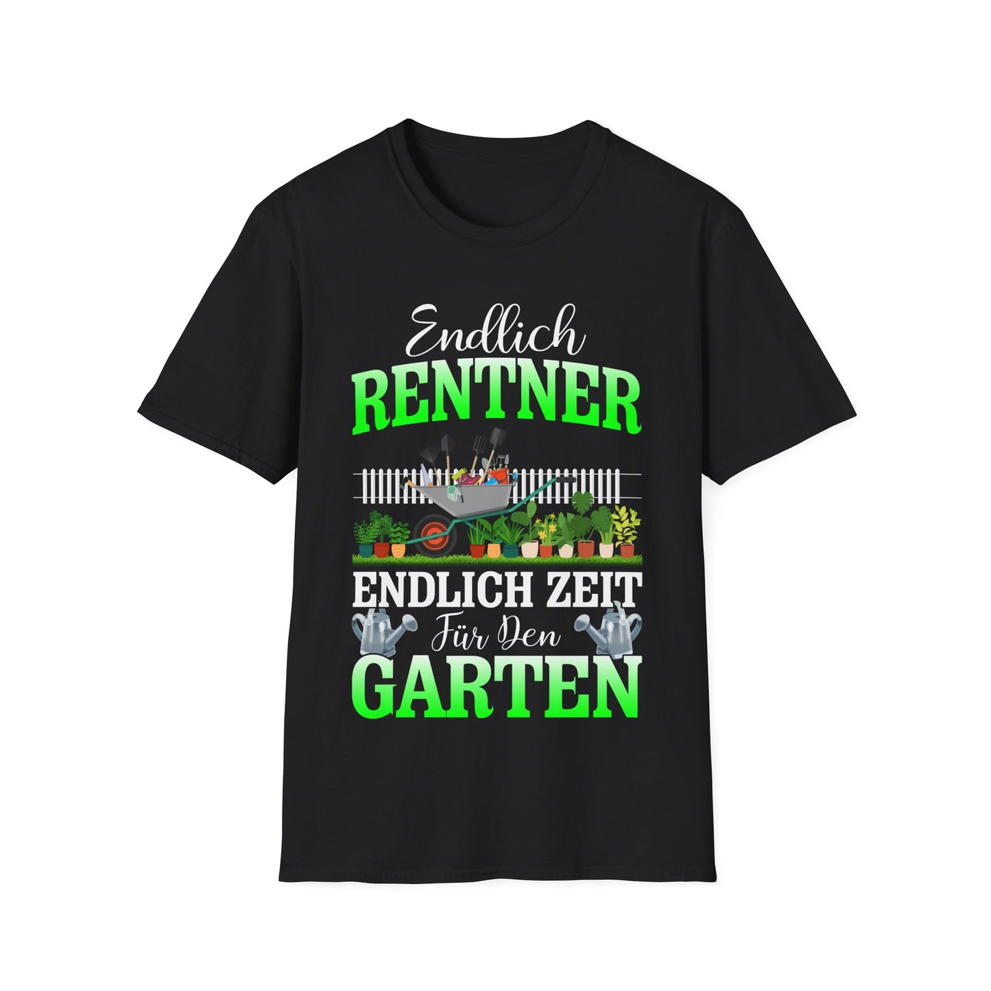 schwarzem T-Shirt „Endlich Rentner – Endlich Zeit für den Garten“, lachend beim Selfie, Gartenmotiv mit Rasenmäher und Pflanzen