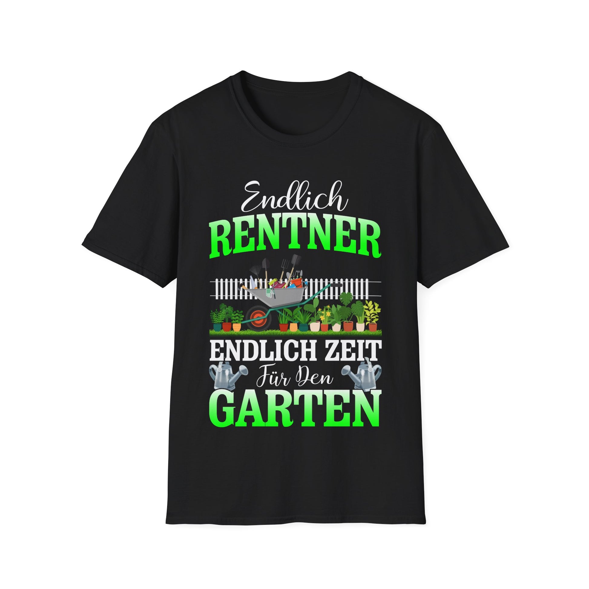 schwarzem T-Shirt „Endlich Rentner – Endlich Zeit für den Garten“, lachend beim Selfie, Gartenmotiv mit Rasenmäher und Pflanzen