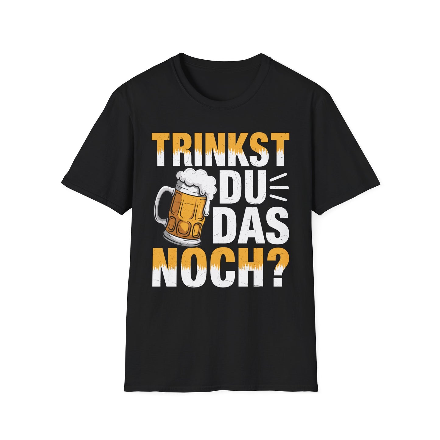 Schwarzes Unisex-T-Shirt mit Aufdruck „Trinkst du das noch?“ und Bierkrug – lustiges Festival- und Partyshirt