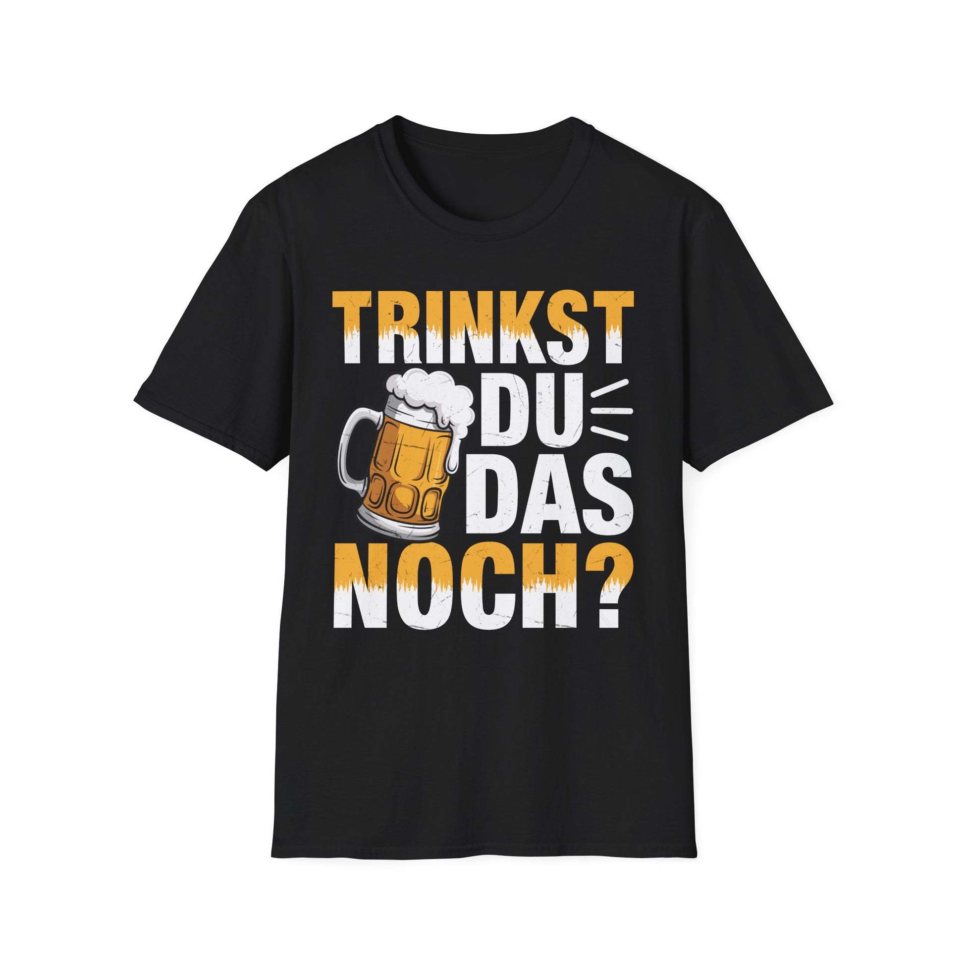 Schwarzes Unisex-T-Shirt mit Aufdruck „Trinkst du das noch?“ und Bierkrug – lustiges Festival- und Partyshirt