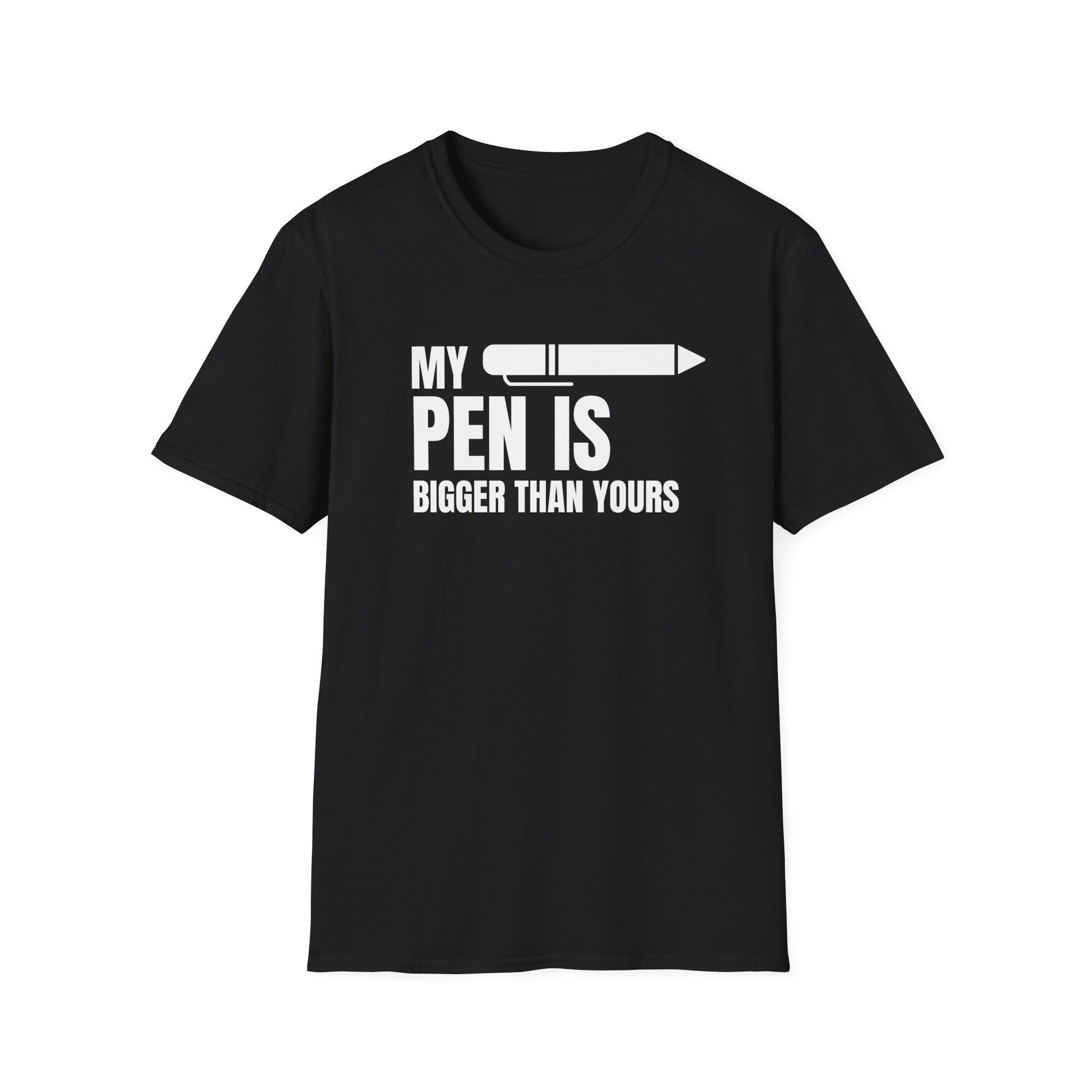T-Shirt für Männer mit dem lustigen und humorvollen doppeldeutigen Spruch 'my pen is bigger than yours' – mit Stift als Motiv.