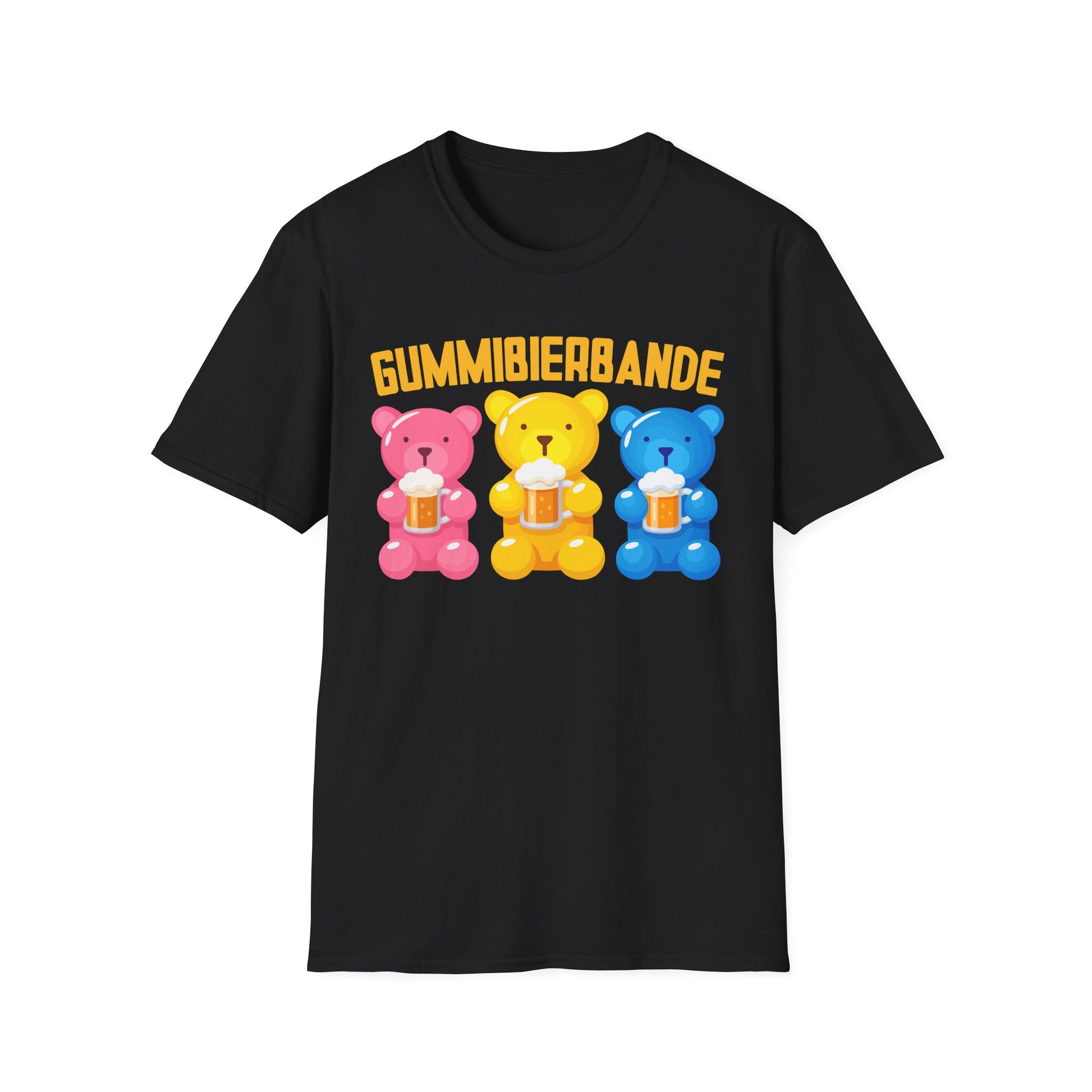Drei bunte Gummibären mit Bierkrügen und dem Schriftzug „Gummibierbande“ – witziges Partyshirt für Unisex-Träger