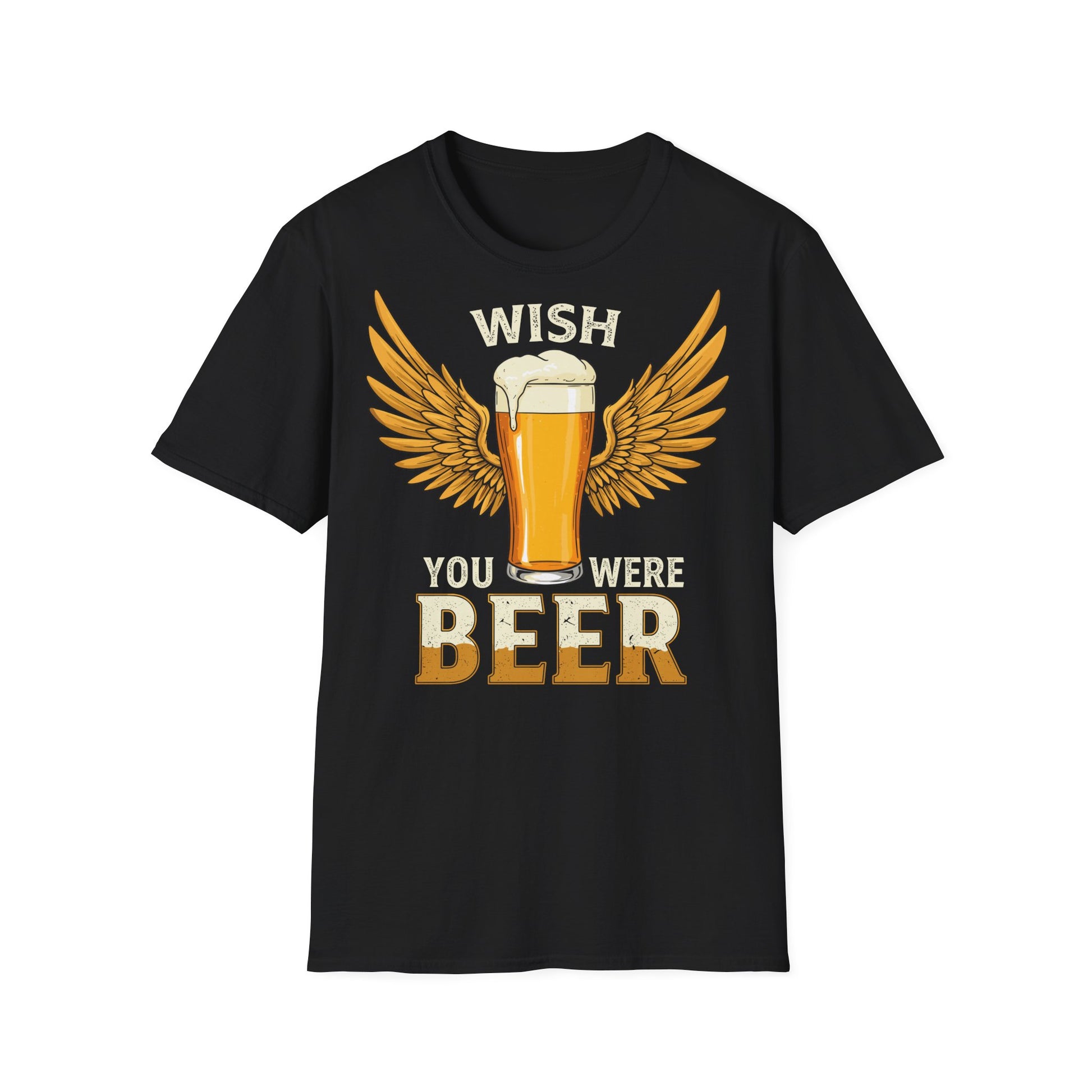 Schwarzes Unisex T-Shirt mit Aufdruck „Wish You Were Beer“ und Illustration eines Bierglases mit goldenen Flügeln – lustiges Party & Festival Shirt für Bierliebhaber