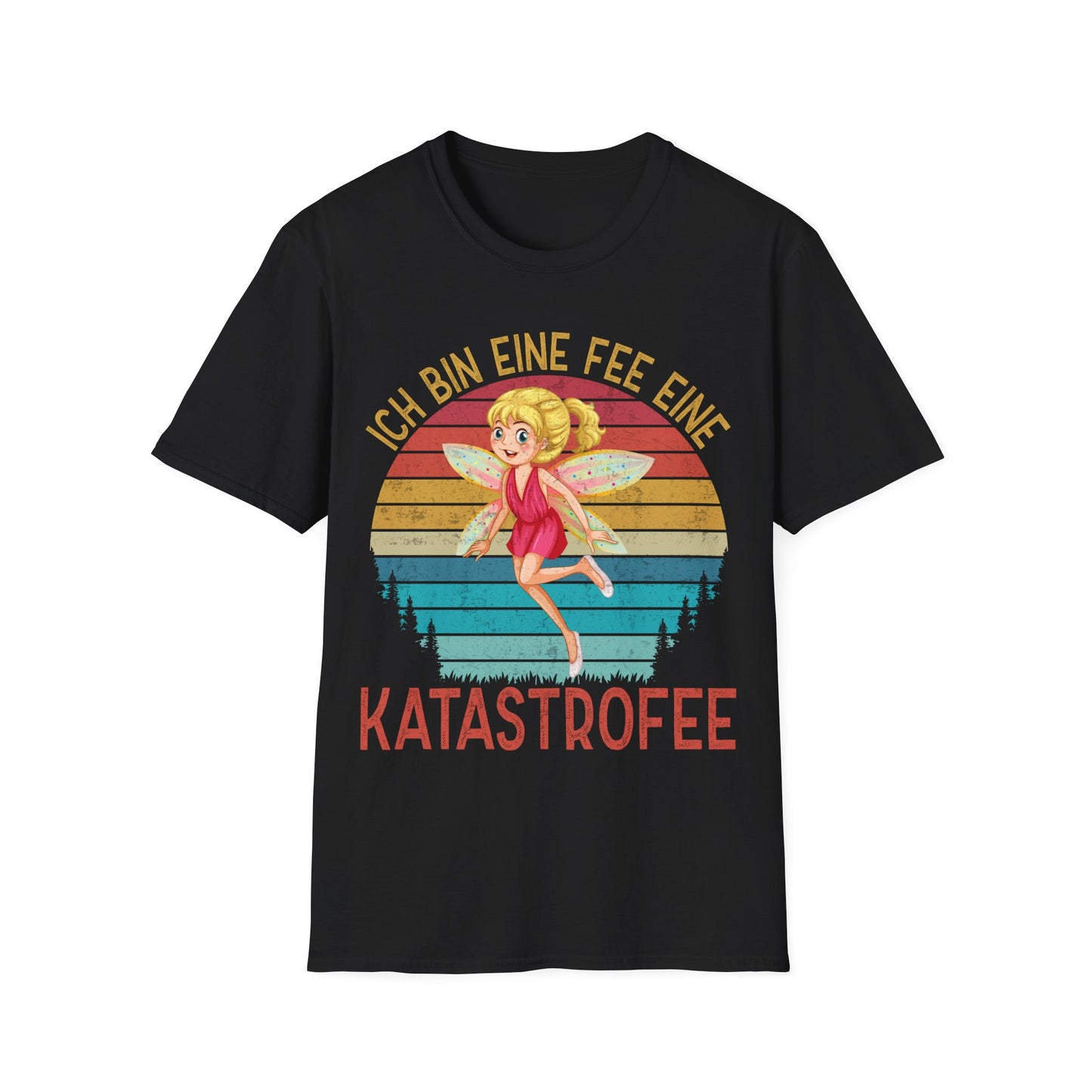 Schwarzes T-Shirt mit bunter Fee und dem Spruch „Ich bin eine Fee – eine KatastroFEE“, witziges Damen-Shirt für chaotische Persönlichkeiten