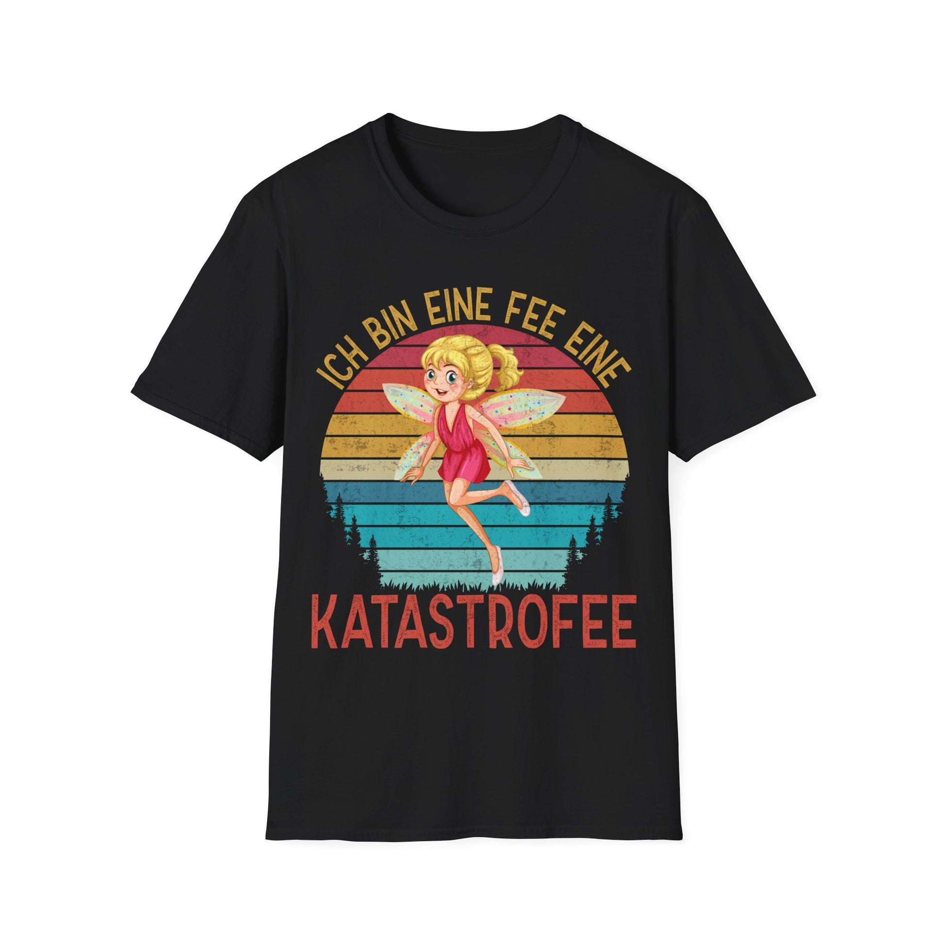 Schwarzes T-Shirt mit bunter Fee und dem Spruch „Ich bin eine Fee – eine KatastroFEE“, witziges Damen-Shirt für chaotische Persönlichkeiten