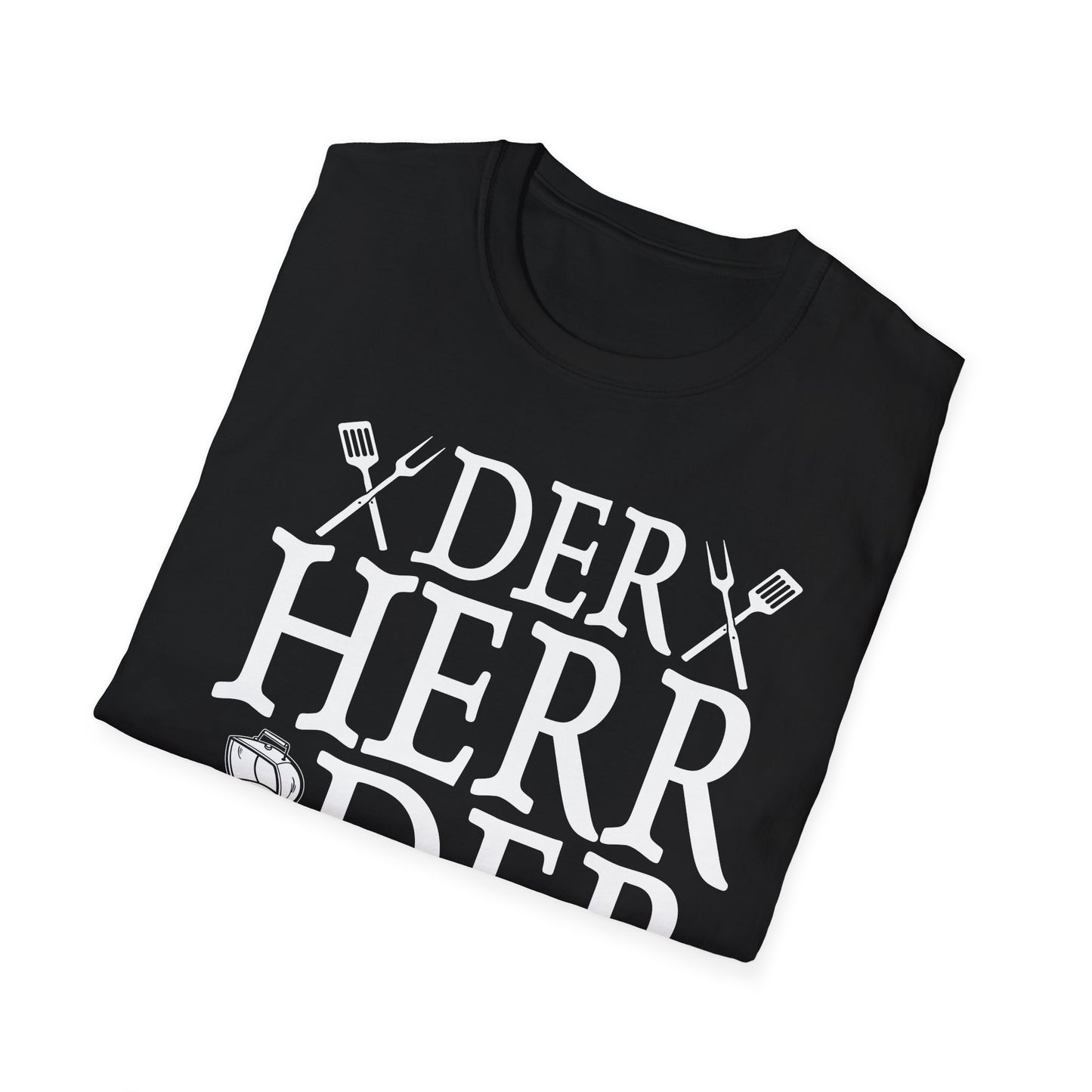 Schwarzes Unisex T-Shirt mit weißem Aufdruck „Der Herr der Steaks“ – lustiges Grillshirt mit BBQ-Motiv für Männer und Frauen gefaltenes Shirt