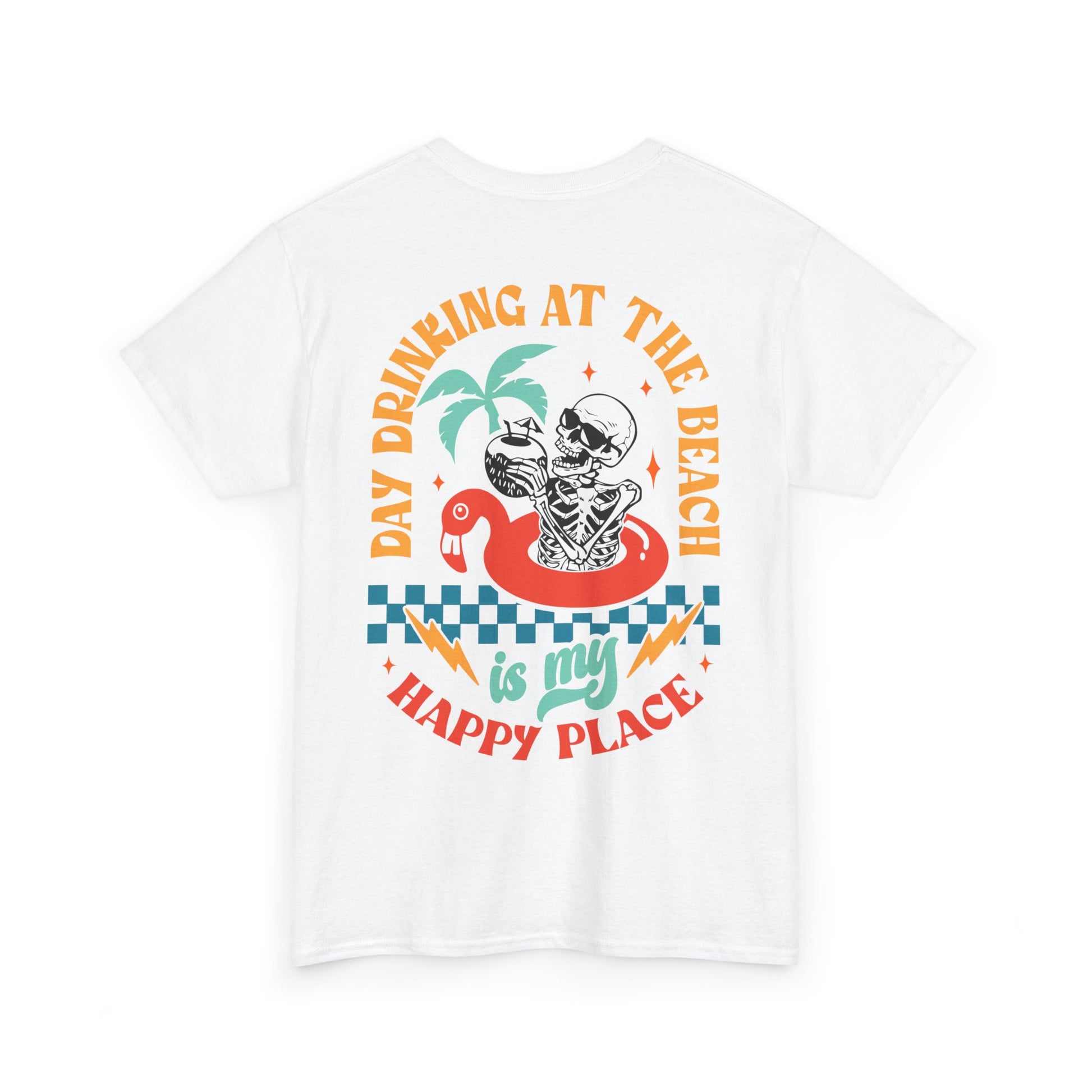 T-Shirt „Day Drinking is my Happy Place“ – Partyshirt mit Skelett & Cocktail