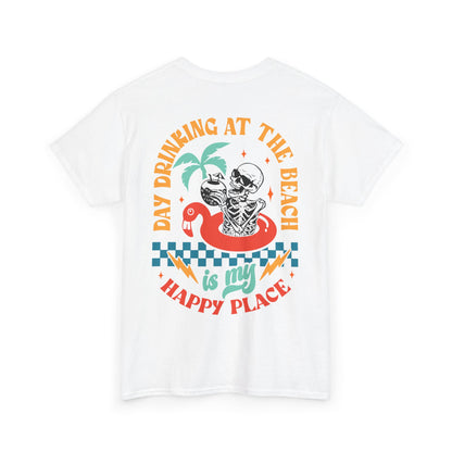 T-Shirt „Day Drinking is my Happy Place“ – Partyshirt mit Skelett & Cocktail