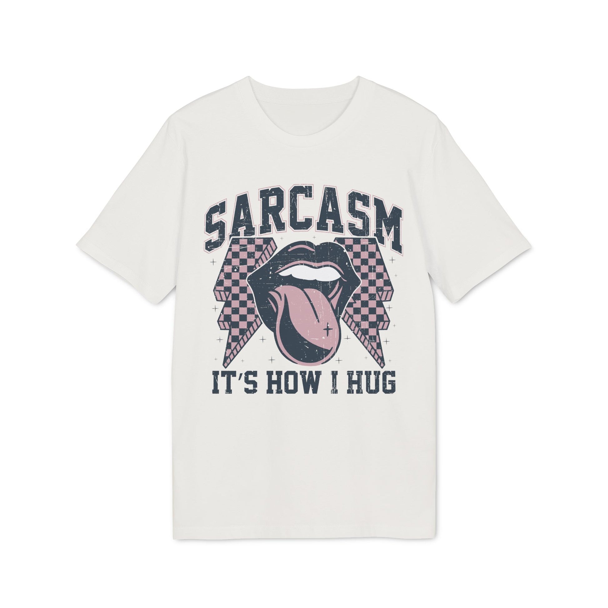 Sarcasm – It's How I Hug Shirt mit Retro Lippen- und Zungen-Print, lustiges Statement Shirt für Männer und Frauen