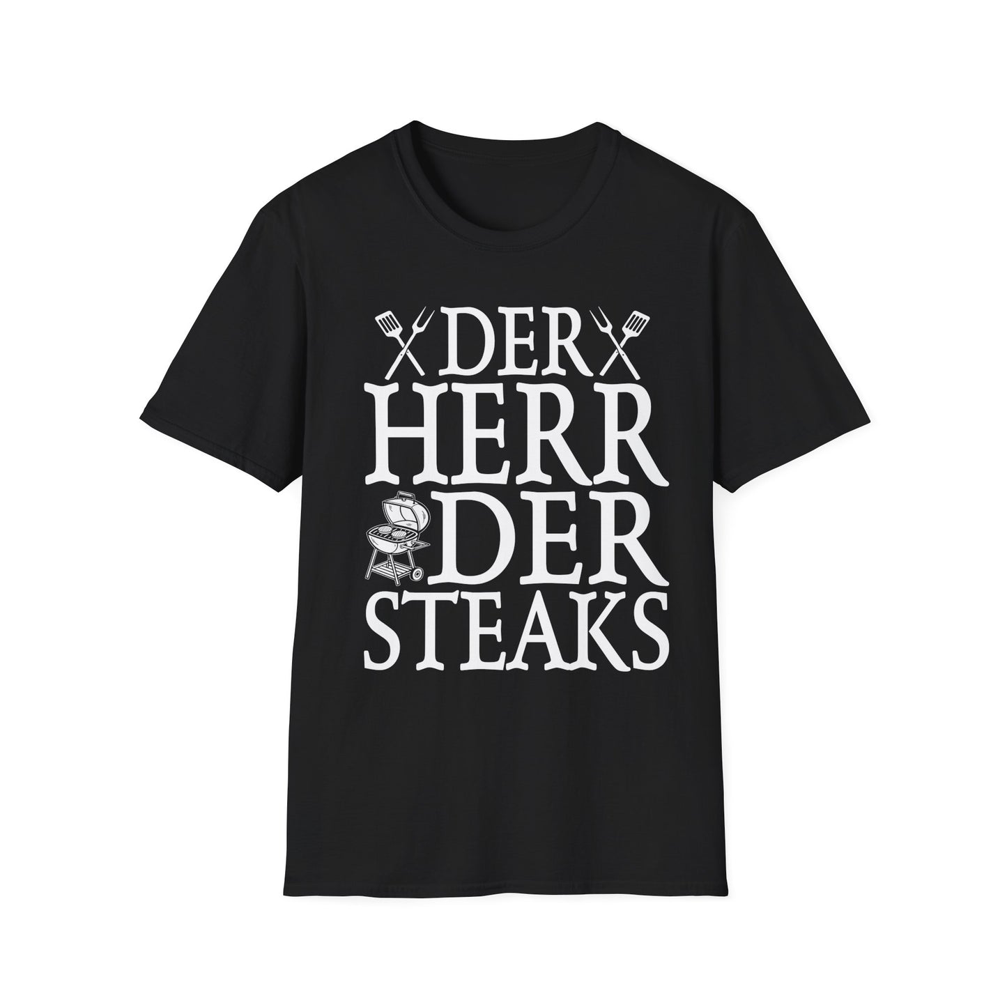 Schwarzes Unisex T-Shirt mit weißem Aufdruck „Der Herr der Steaks“ – lustiges Grillshirt mit BBQ-Motiv für Männer und Frauen