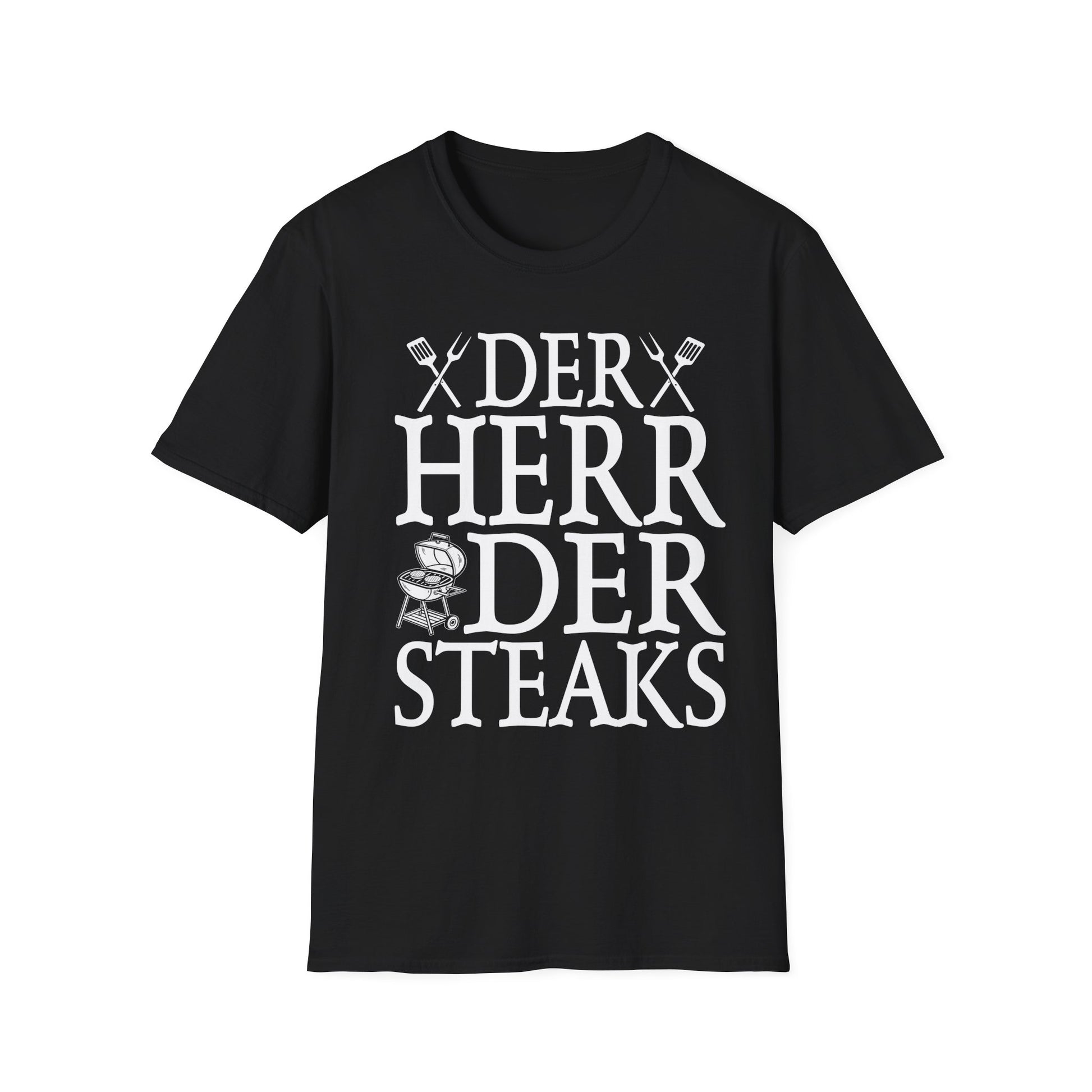 Schwarzes Unisex T-Shirt mit weißem Aufdruck „Der Herr der Steaks“ – lustiges Grillshirt mit BBQ-Motiv für Männer und Frauen