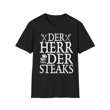 Schwarzes Unisex T-Shirt mit weißem Aufdruck „Der Herr der Steaks“ – lustiges Grillshirt mit BBQ-Motiv für Männer und Frauen