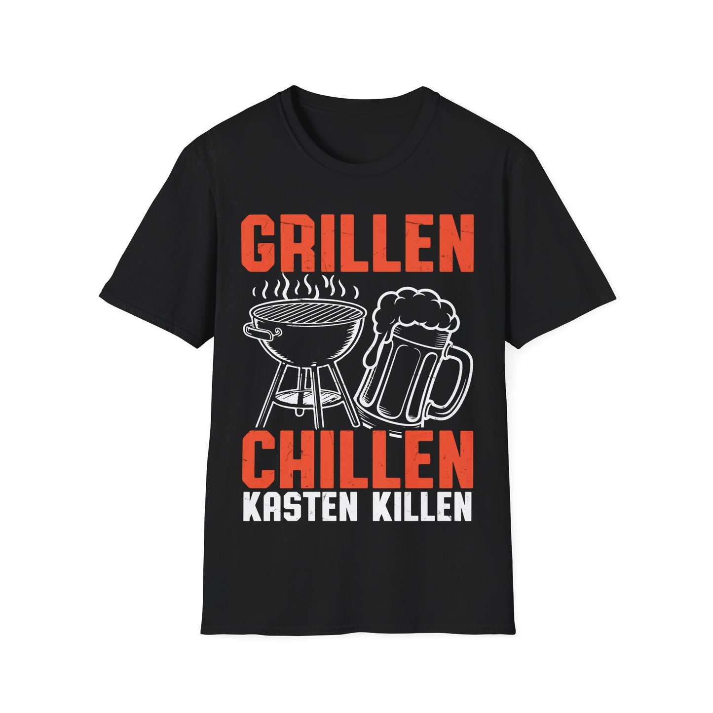 Schwarzes T-Shirt mit Grill, Bierkrug und dem Spruch „Grillen Chillen Kasten Killen“ – perfektes Shirt für Männer, BBQ & Bierfans