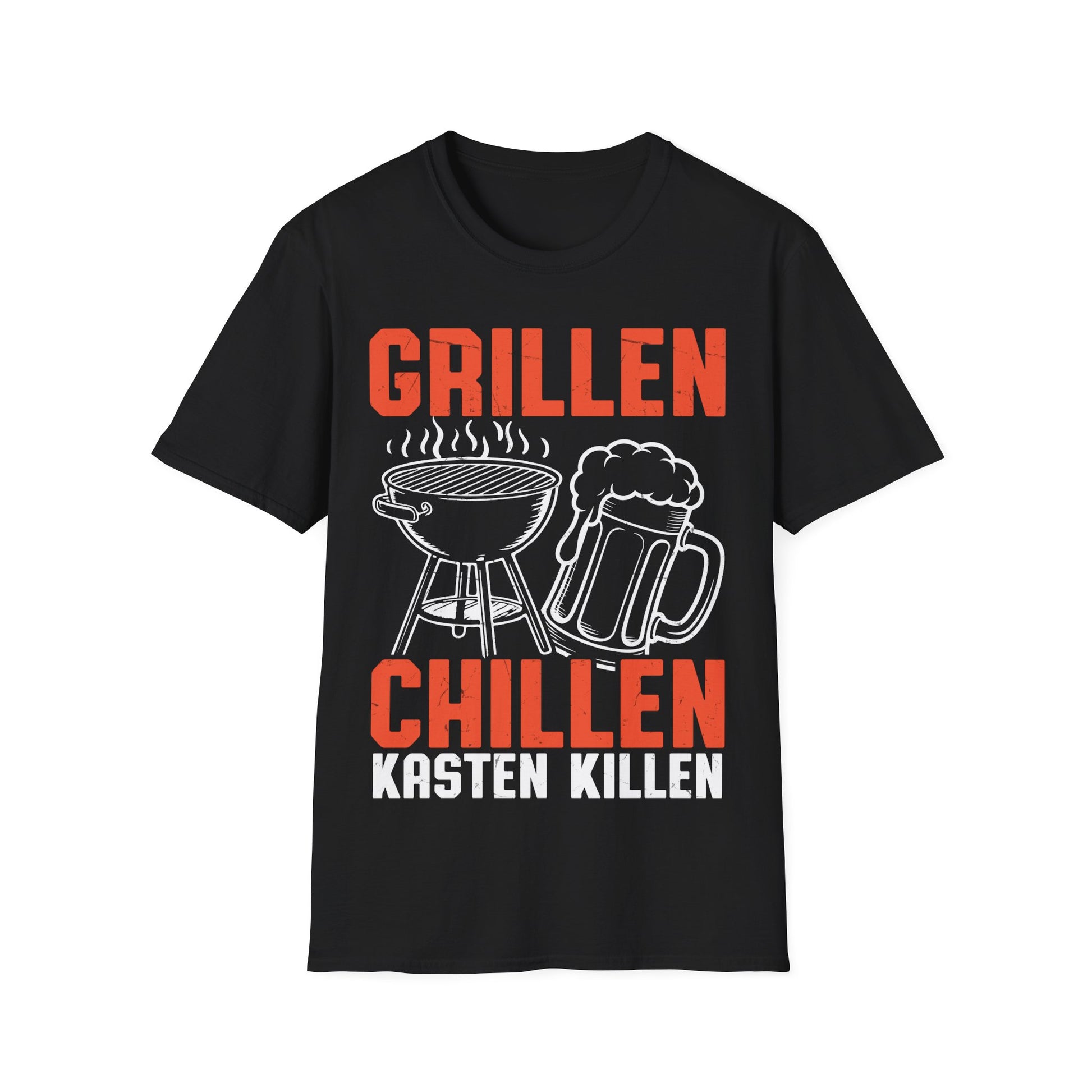 Schwarzes T-Shirt mit Grill, Bierkrug und dem Spruch „Grillen Chillen Kasten Killen“ – perfektes Shirt für Männer, BBQ & Bierfans