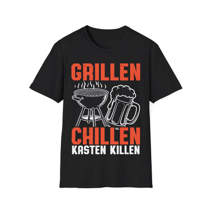 Schwarzes T-Shirt mit Grill, Bierkrug und dem Spruch „Grillen Chillen Kasten Killen“ – perfektes Shirt für Männer, BBQ & Bierfans