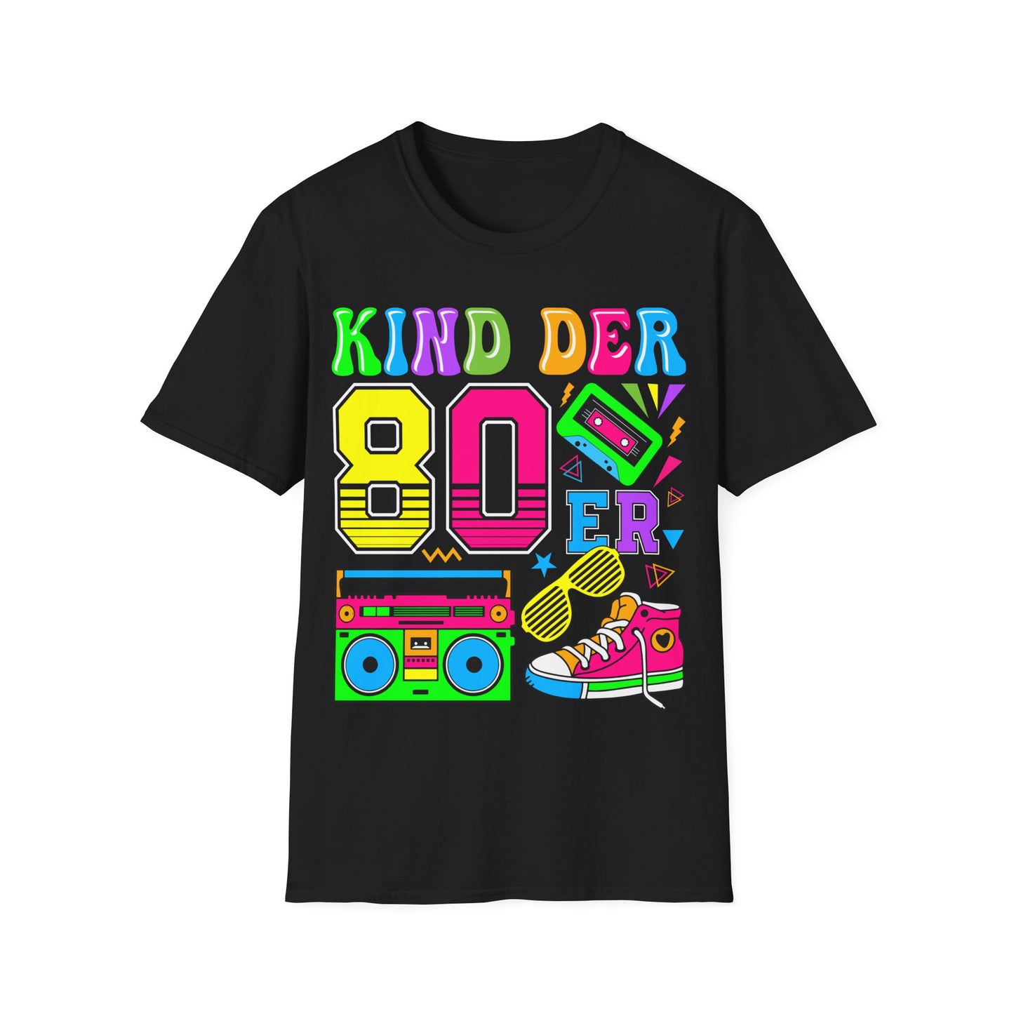 Kind der 80er T-Shirt in Schwarz – Buntes Retro Funshirt mit Neonfarben, Kassette, Ghettoblaster, Sneakers & Sonnenbrille im 80s Vintage Look für Damen & Herren