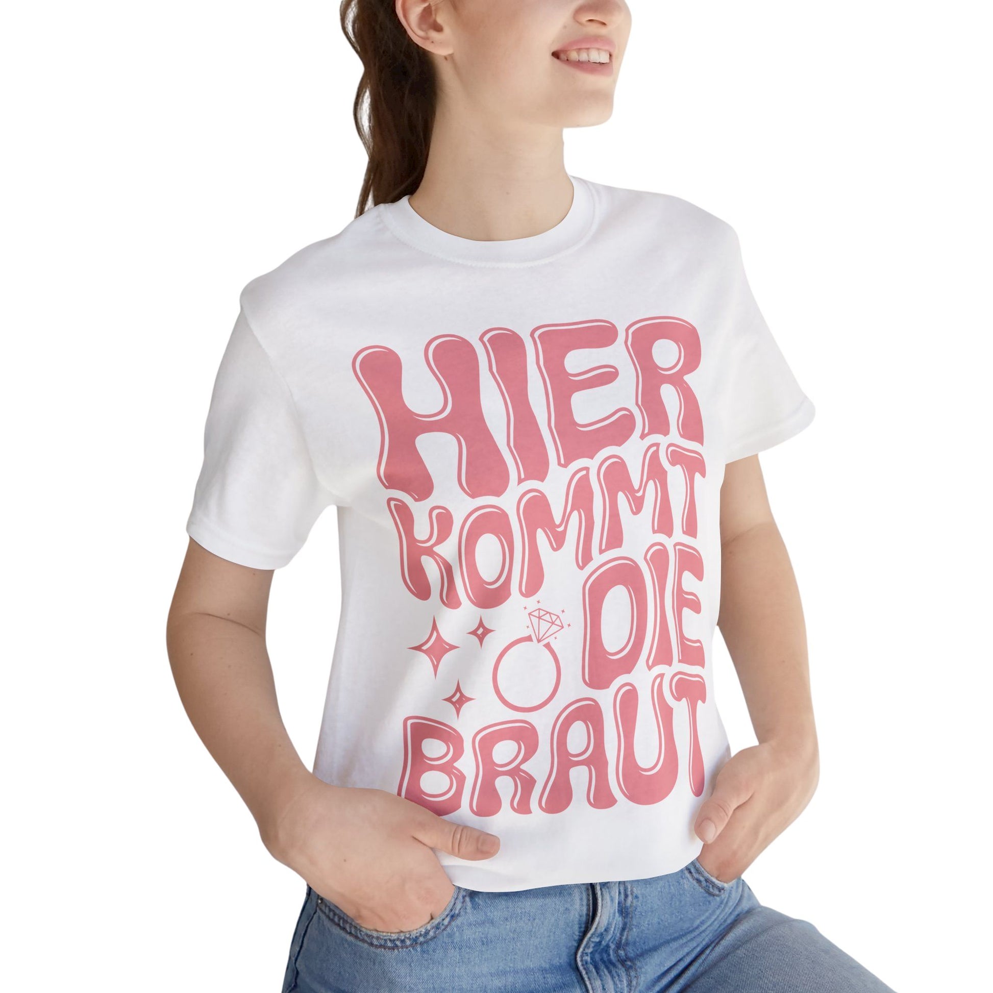 weißes Tshirt, pink Aufdruck "Hier kommt die Braut" 