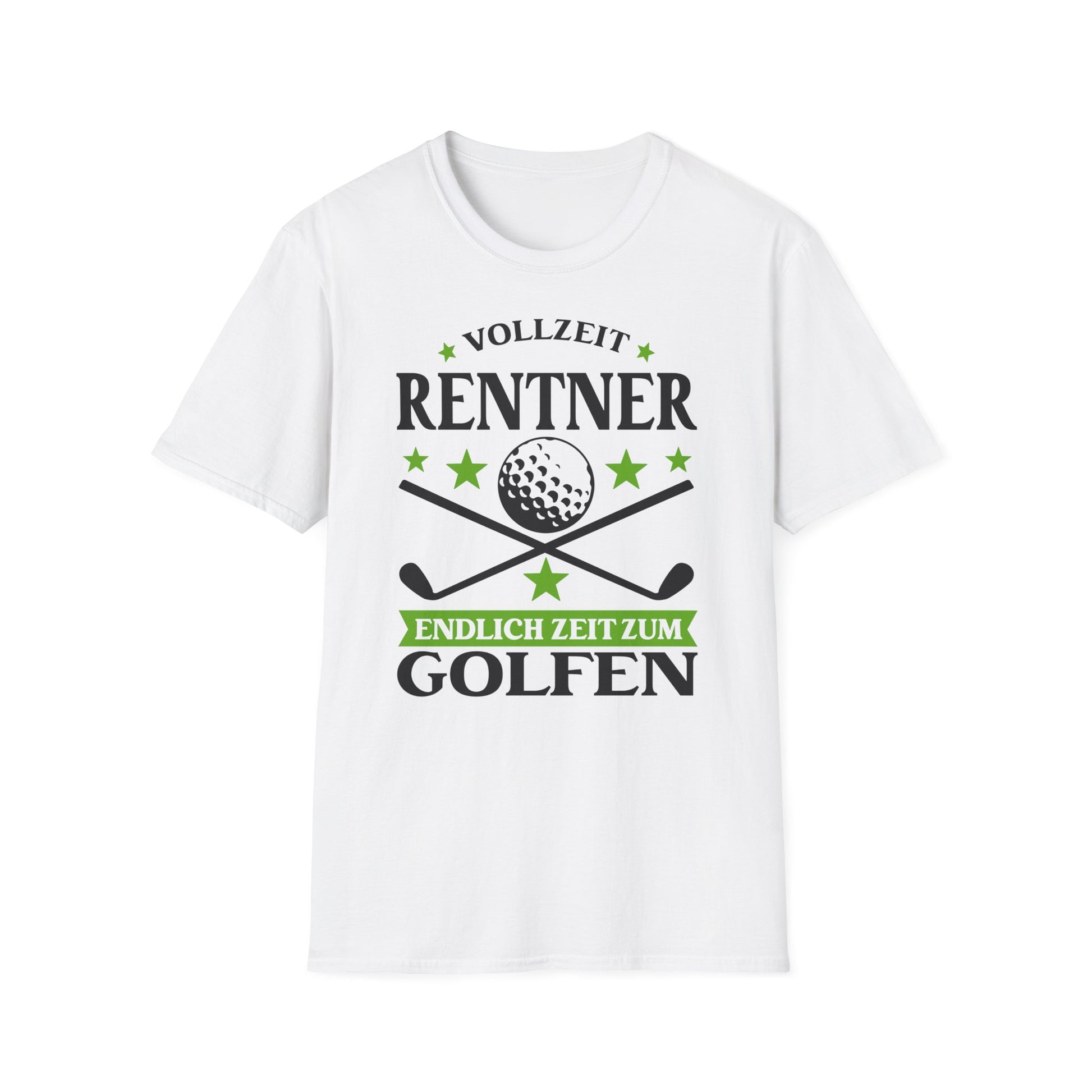 T-Shirt mit Golfmotiv, grün-schwarzem Aufdruck „Vollzeit Rentner – Endlich Zeit zum Golfen“ und zwei gekreuzten Golfschlägern