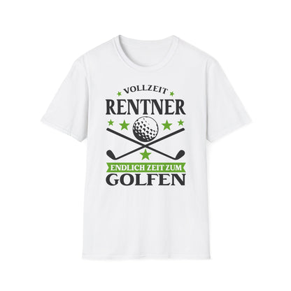 T-Shirt mit Golfmotiv, grün-schwarzem Aufdruck „Vollzeit Rentner – Endlich Zeit zum Golfen“ und zwei gekreuzten Golfschlägern