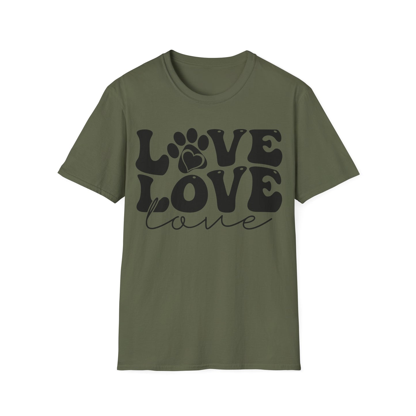 military green T-Shirt mit schwarzem Love-Schriftzug, Herz und Pfotenabdruck – Unisex Tierfreunde Shirt