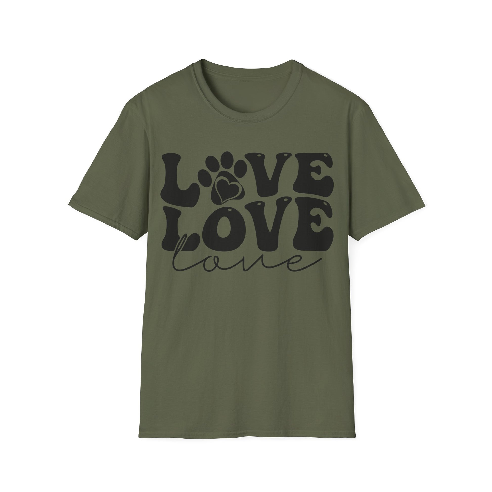 military green T-Shirt mit schwarzem Love-Schriftzug, Herz und Pfotenabdruck – Unisex Tierfreunde Shirt